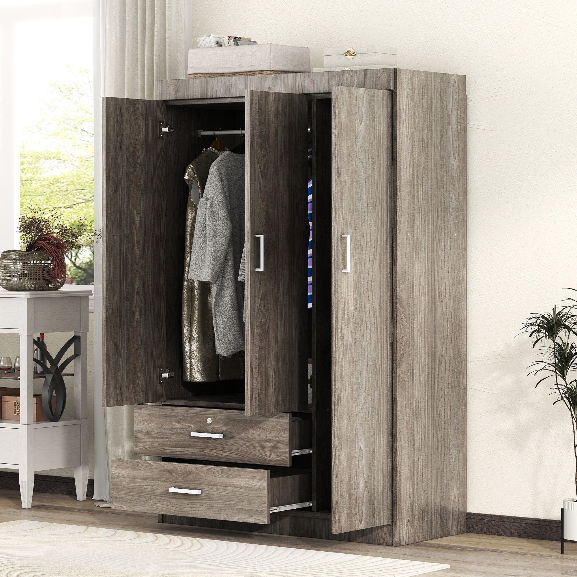 3-Door Wardrobe with 2 Drawers, Wood Grain Effect in Gray(OLD SKU:LP006001) - Grand Goldman Shop