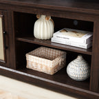 Farmhouse Rattan TV Stand Console Table for TVs up to 70 Inches, TV Console Table with 2 Storage Shelves, 2 Natural Rattan Door Cabinets, 65'W*15.55'D*23.86'H, Espresso - Grand Goldman Shop