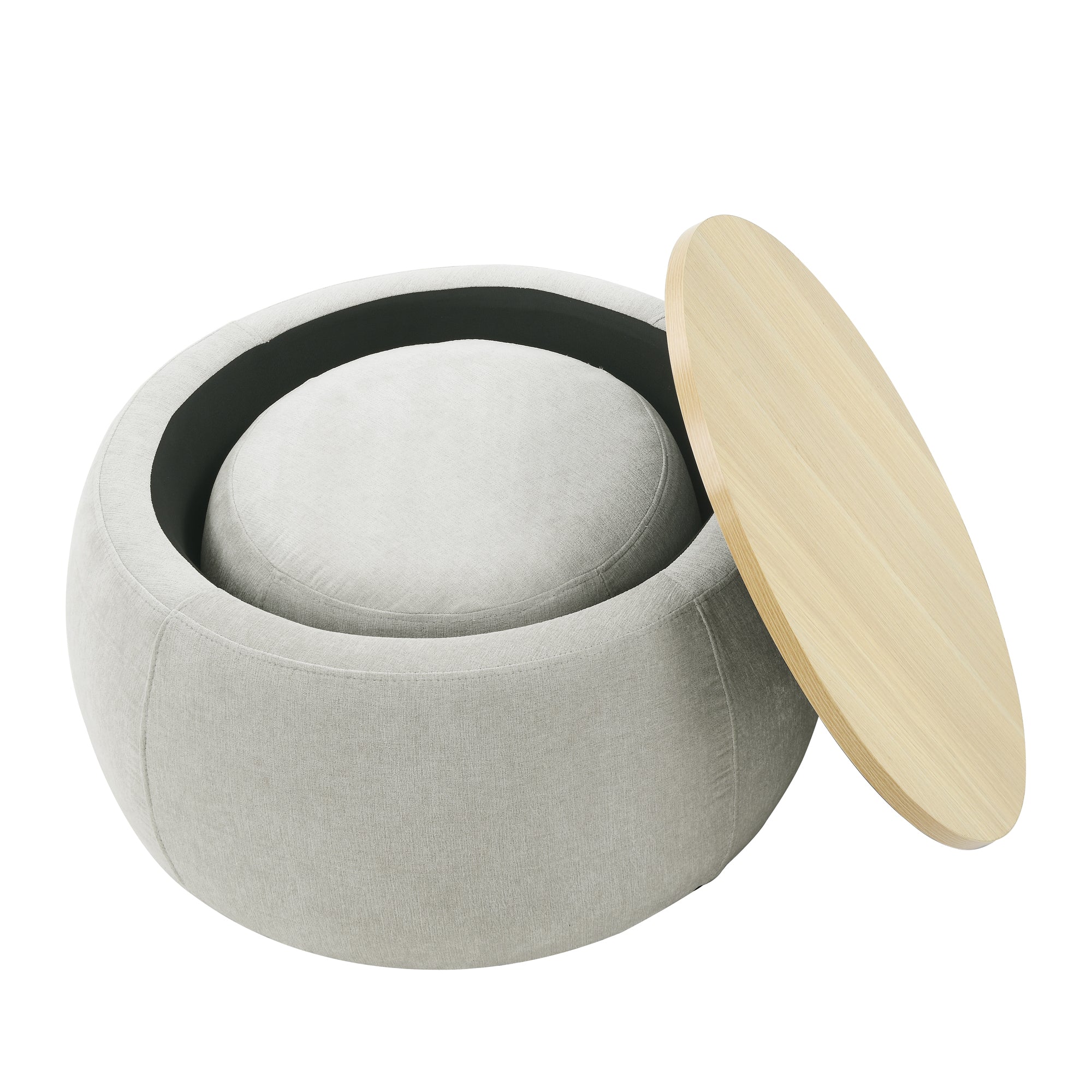 Light Grey Round Storage Ottoman, 2 in 1 Function End Table and Ottoman with Small Seat, Eucalyptus Wood and Foam - Grand Goldman Shop