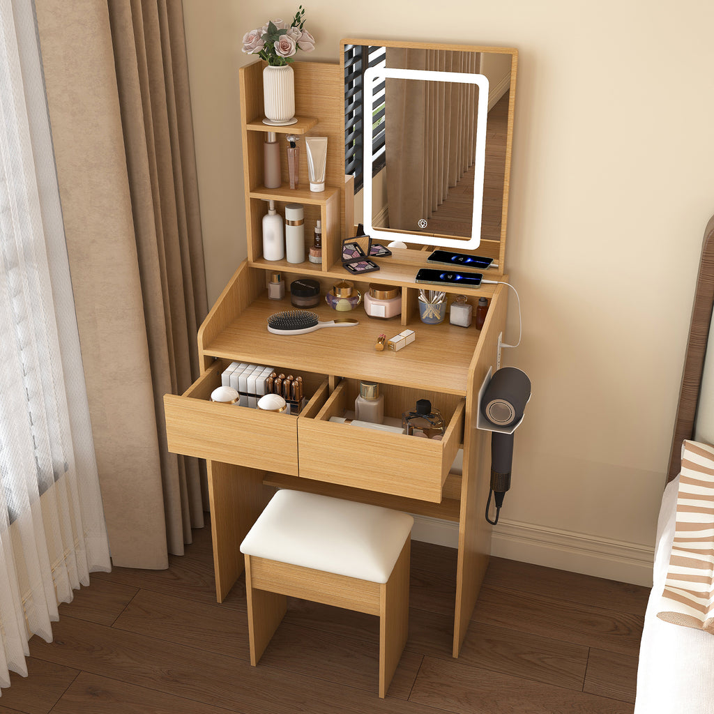 Modern Wood Vanity Table with LED Mirror, Power Outlet, Hairdryer Holder & Padded Stool – Compact Dressing Desk for Small Bedrooms - Grand Goldman Shop