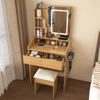 Modern Wood Vanity Table with LED Mirror, Power Outlet, Hairdryer Holder & Padded Stool – Compact Dressing Desk for Small Bedrooms - Grand Goldman Shop