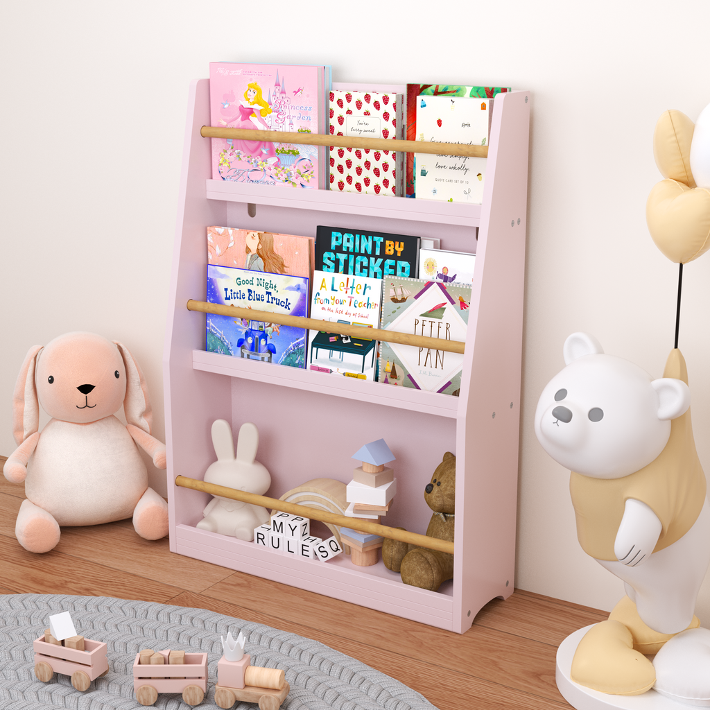 3-Tier Kids Book Shelf, Pink MDF & Pine Wood Storage Rack for Bedrooms, Playrooms, and Classrooms | Premium Home Decor - Gran