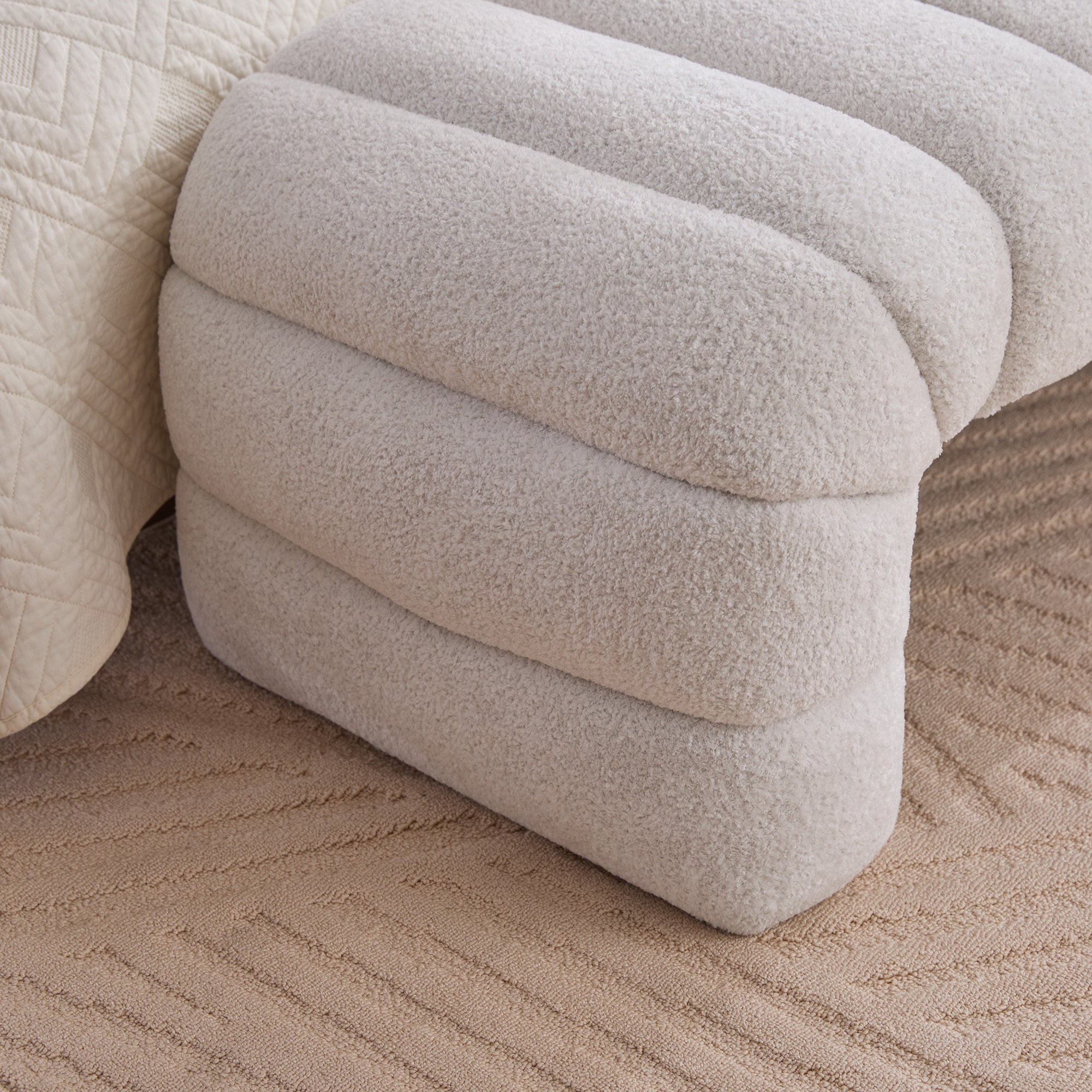 Modern Upholstered Armless Bed Bench, Channel Tufted Couch Daybed Chaise, Ivory Chenille, 69.7' Wide - Grand Goldman Shop