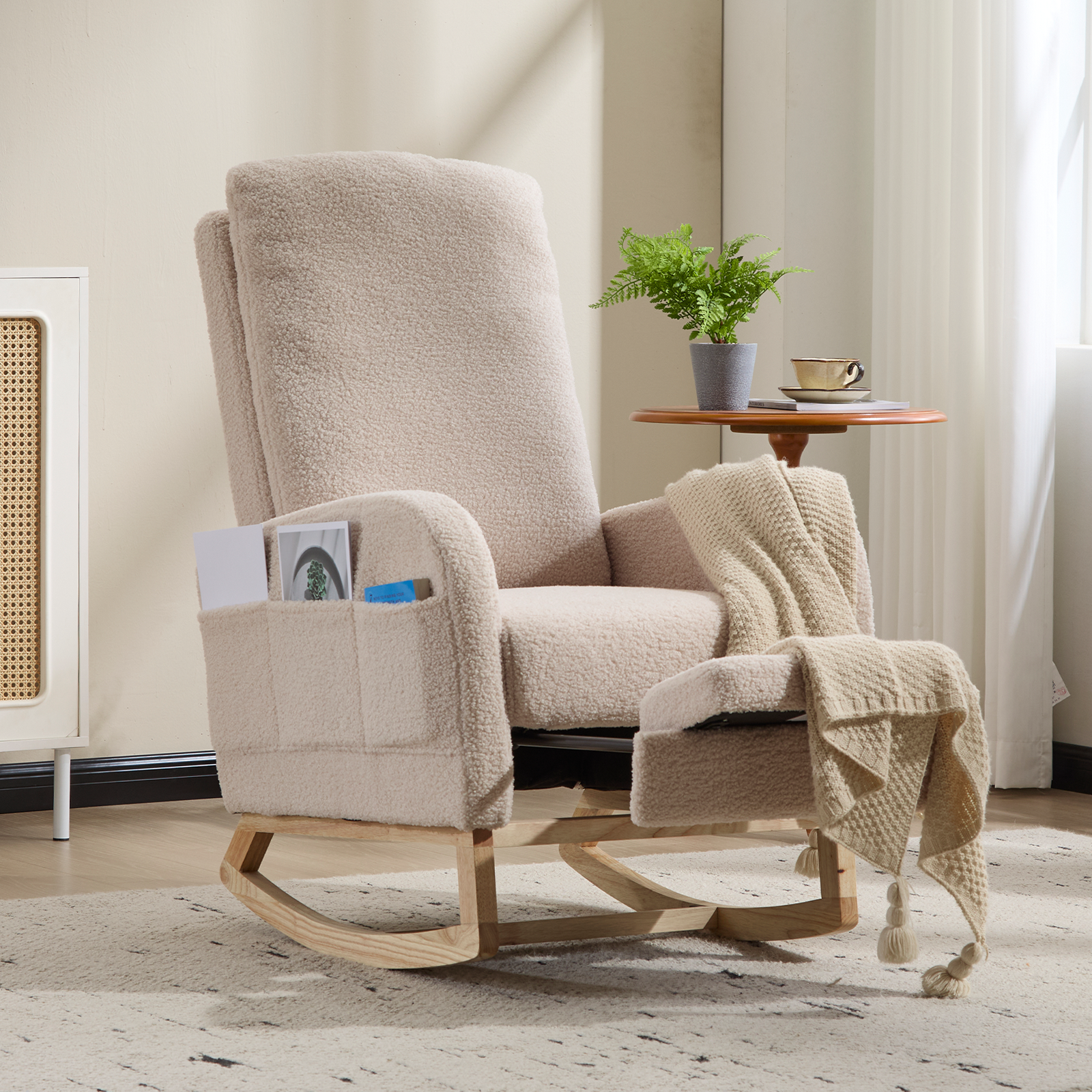 Modern Accent Rocking Chair Rocking Chair with Solid Wood Legs, Upholstered Nursery Glider Rocker Side Pocket and Footrest, Living Room Lounge Arm Chair with High Backrest (beige,teddy) - Grand Goldman Shop