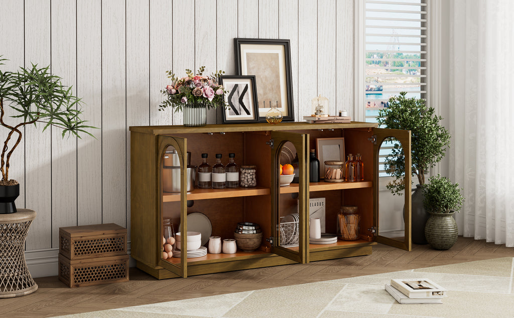 TREXM 4-Door Large Storage Buffet Cabinet with Glass Doors, Arched Cabinet with Adjustable Shelves for Kitchen, Dining Room and Living Room (Old Pine) - Grand Goldman Shop
