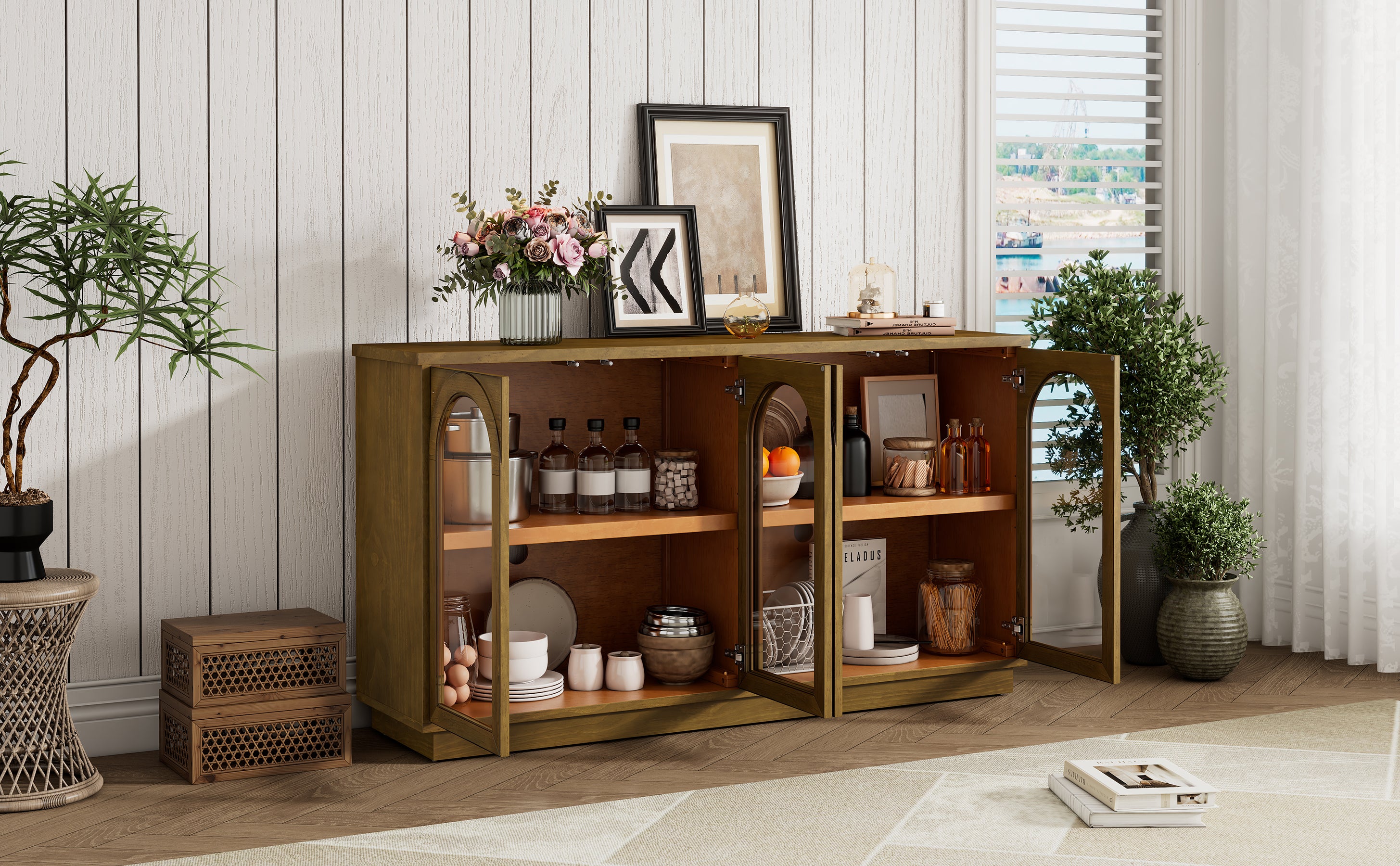 TREXM 4-Door Large Storage Buffet Cabinet with Glass Doors, Arched Cabinet with Adjustable Shelves for Kitchen, Dining Room and Living Room (Old Pine) - Grand Goldman Shop