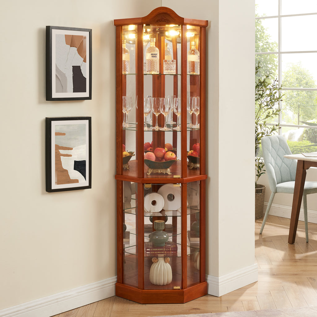 Glass Cabinet Lighted Corner Cabinet Corner Display Curio Cabinet, Glass Display With Light(Included)Bar Cabinet,Wine Cabinet with Adjustable Glass Shelves Carved Decoration OAK Light(Included) - Grand Goldman Shop