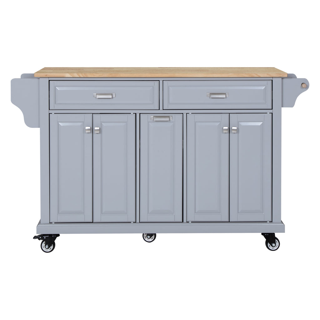 Kitchen Island with Rubber wood Countertop, Kitchen Cart on 5 Wheels with Storage Cabinet and 2 Top Drawers and A center double layered storage drawer for Dinning Room, Grey - Grand Goldman Shop