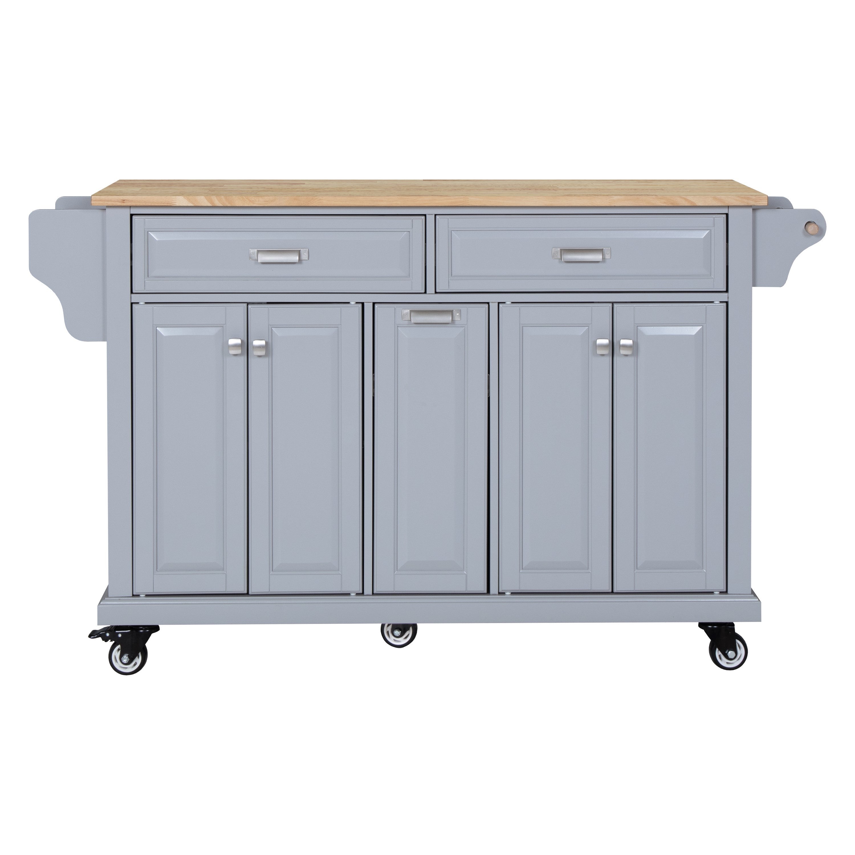 Kitchen Island with Rubber wood Countertop, Kitchen Cart on 5 Wheels with Storage Cabinet and 2 Top Drawers and A center double layered storage drawer for Dinning Room, Grey - Grand Goldman Shop