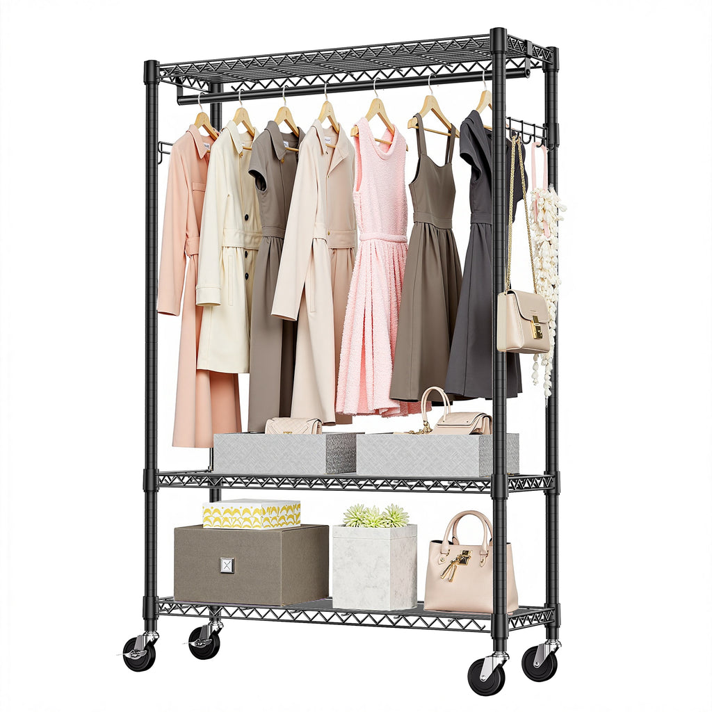 Heavy Duty Rolling Garment Rack 3 Tiers Adjustable Wire Shelving Clothes Rack with 1 Rods and Side Hooks,Storage Closet Clothing Rack with Wheels Black 15.7' D x 45.3' W x 75.6' H, Black - Grand Goldman Shop