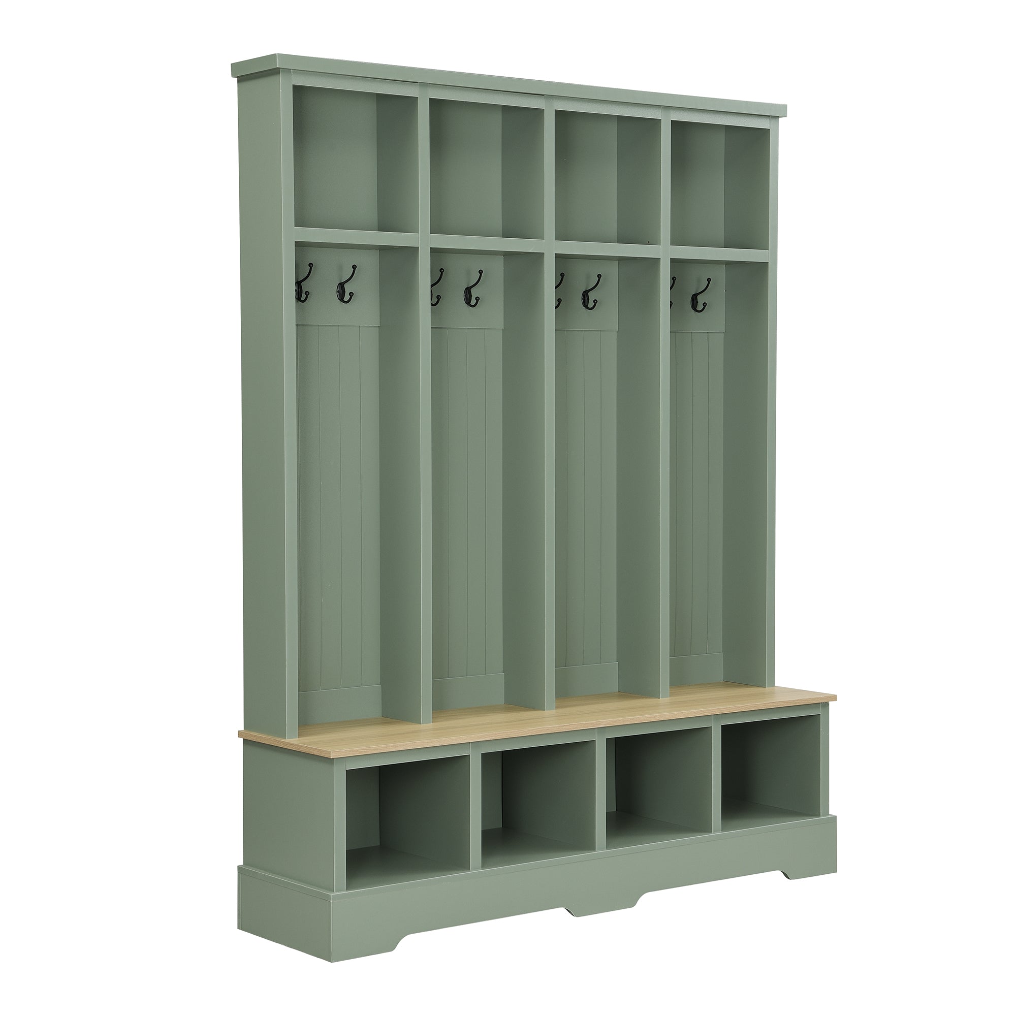 Farmhouse Hall Tree with 8 Hooks, Practical Entryway Bench with Open Compartments, 76.7'H Modern 3-in-1 Wooden Style Coat and Shoe Rack for Mudroom, Living Room, Mint Green (OLD SKU: N721P292601M) - Grand Goldman Shop