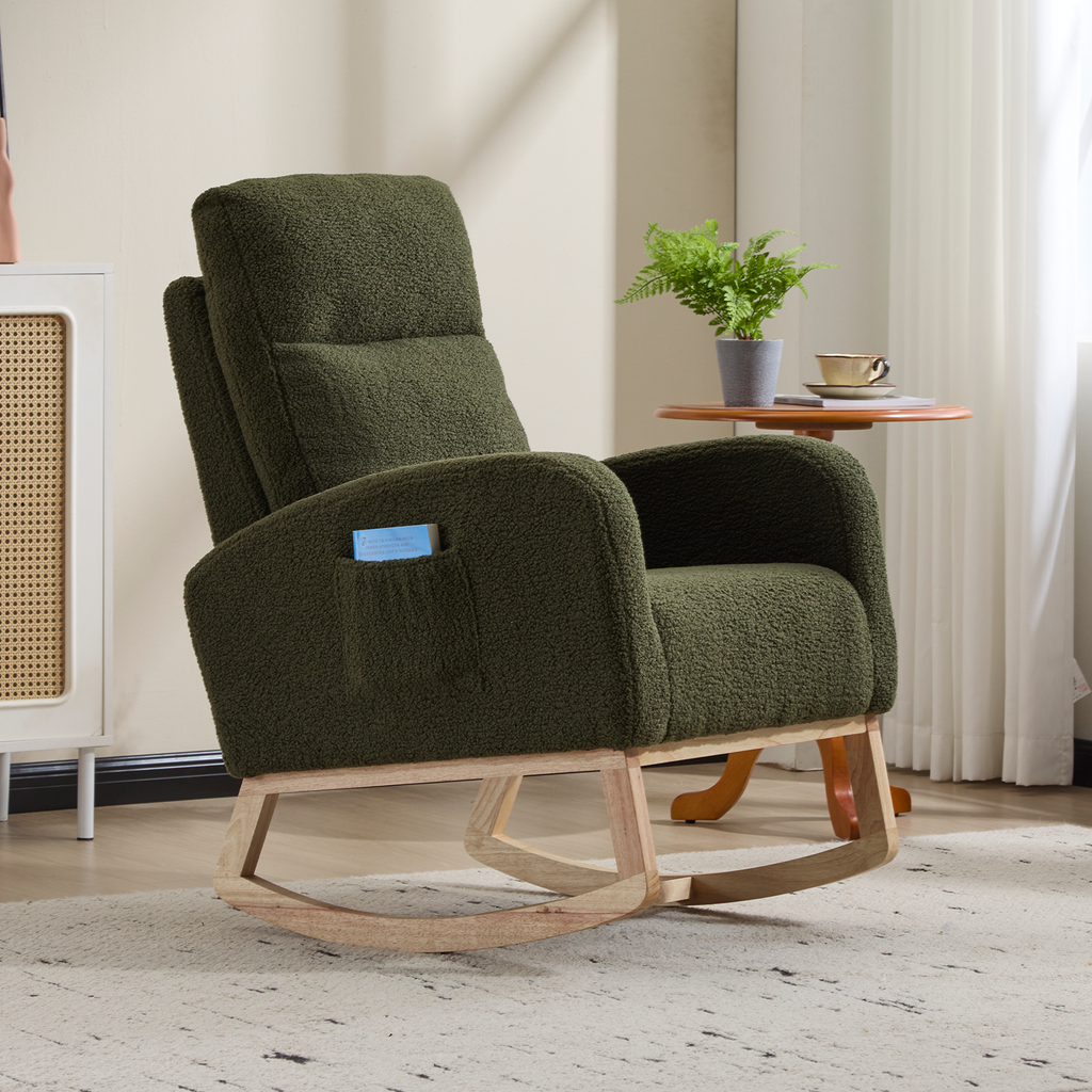 Modern Accent Rocking Chair Rocking Chair with Solid Wood Legs, Upholstered Nursery Glider Rocker, Comfy Armchair with Side Pocket, Living Room Lounge Arm Chair with High Backrest (green,teddy) - Grand Goldman Shop
