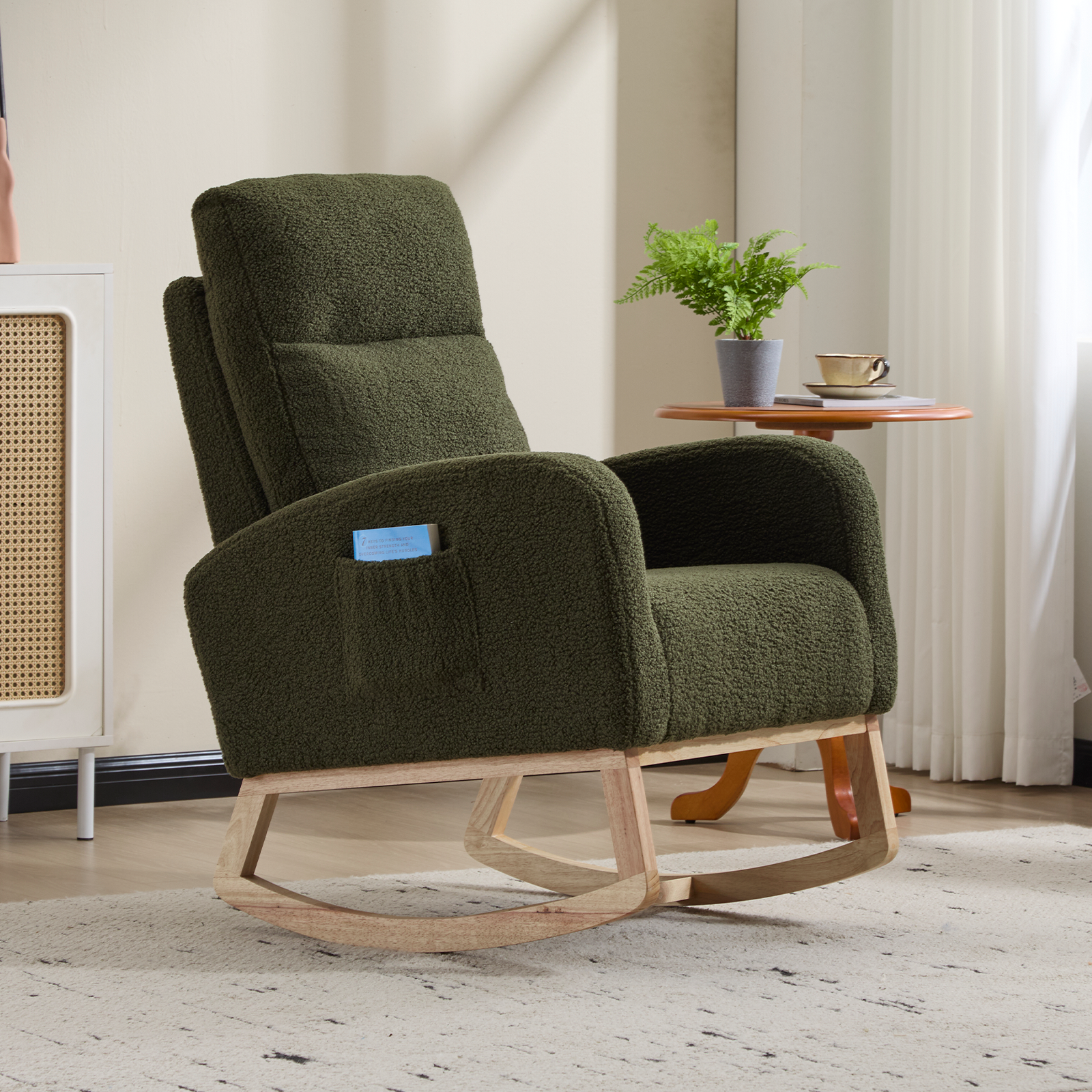 Modern Accent Rocking Chair Rocking Chair with Solid Wood Legs, Upholstered Nursery Glider Rocker, Comfy Armchair with Side Pocket, Living Room Lounge Arm Chair with High Backrest (green,teddy) - Grand Goldman Shop