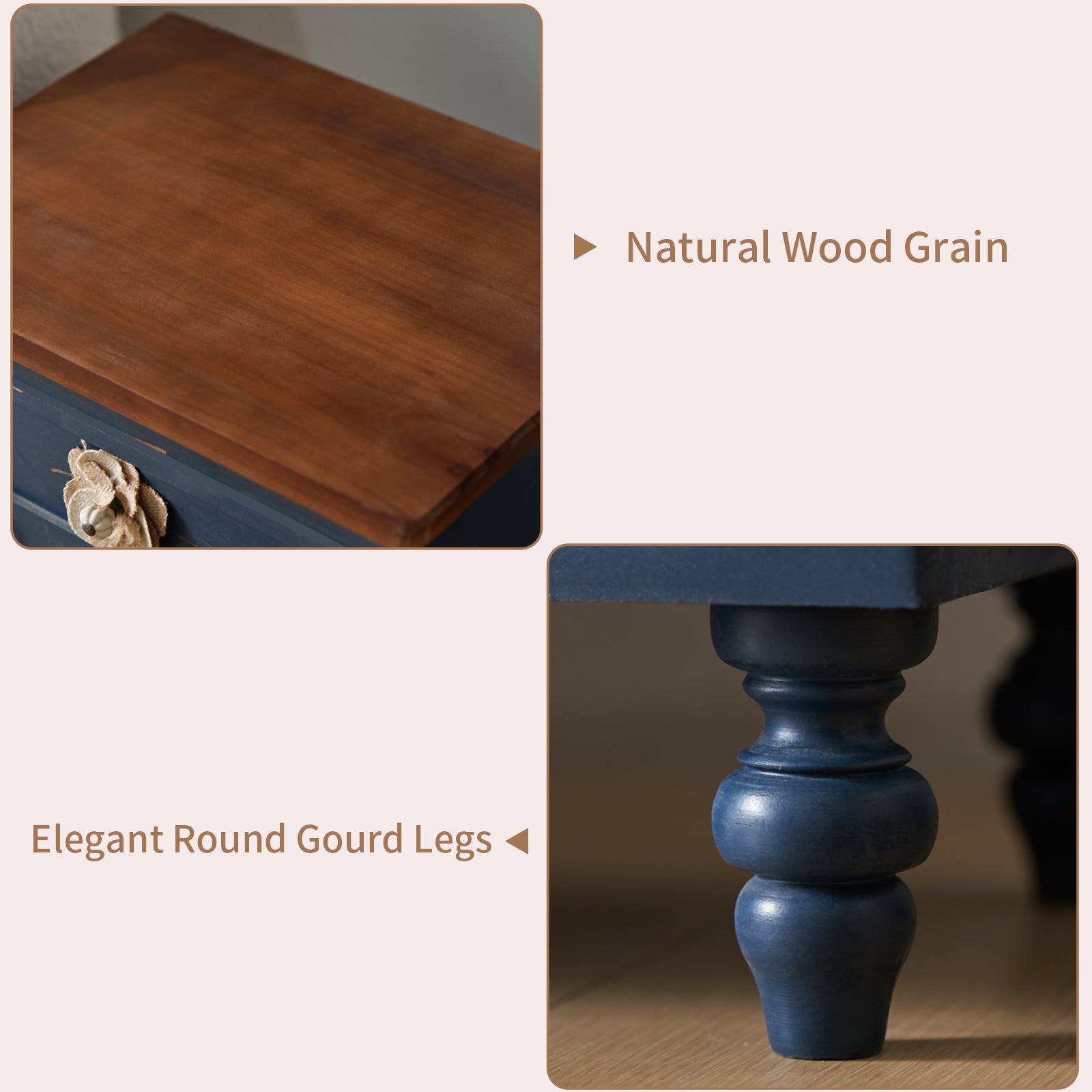 Vintage Farmhouse End Table with Floral Knobs – 19' Rustic Nightstand with 3 Drawers & Gourd Legs,Bedside or Sofa Accent Table, Almost Fully Assembled, Blue - Grand Goldman Shop