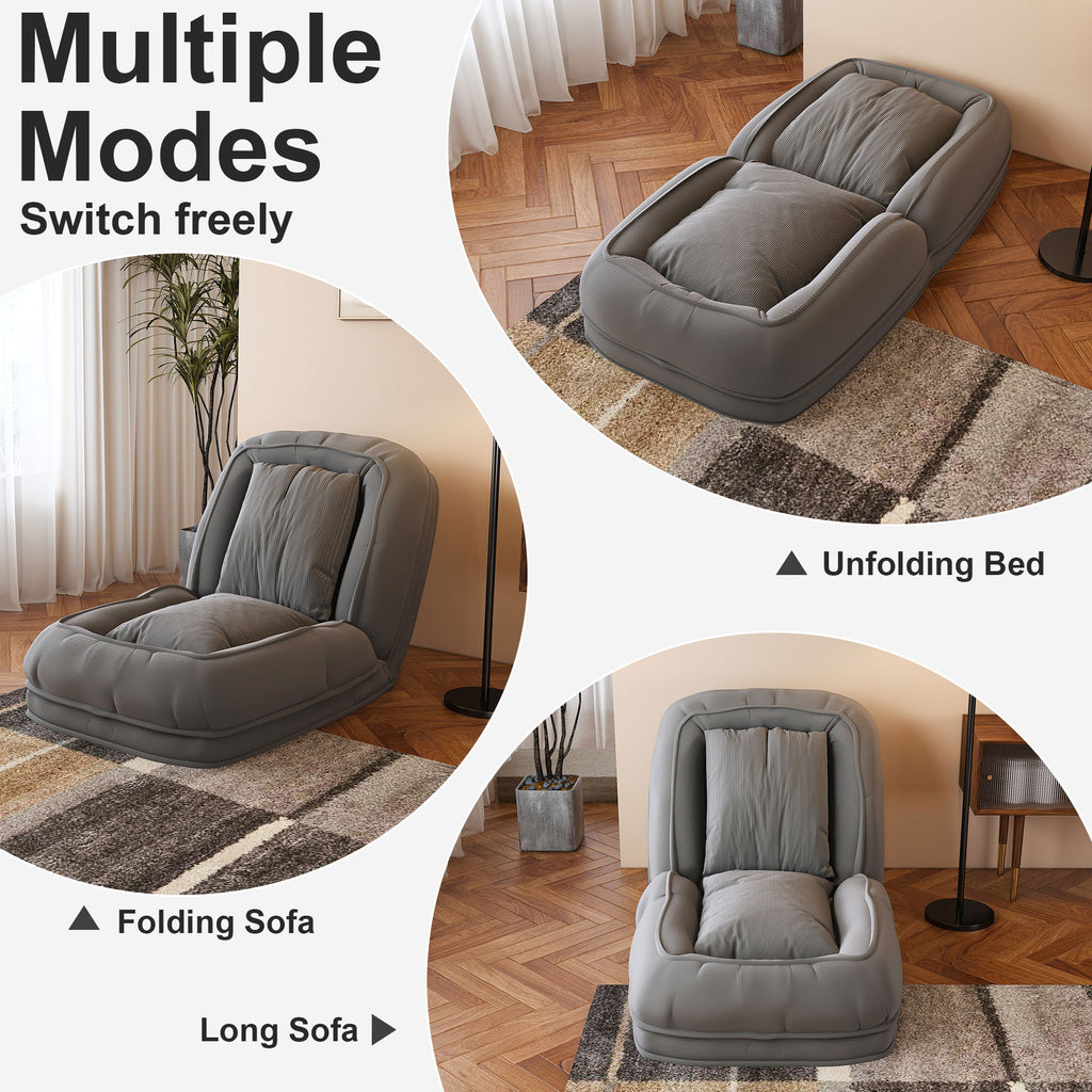 Upholstered Foldable Lazy Sofa Bed for Adults and Pets, 5-Position Adjustable Recliner with 2 Soft Pillows in Grey Corduroy Fabric - Grand Goldman Shop