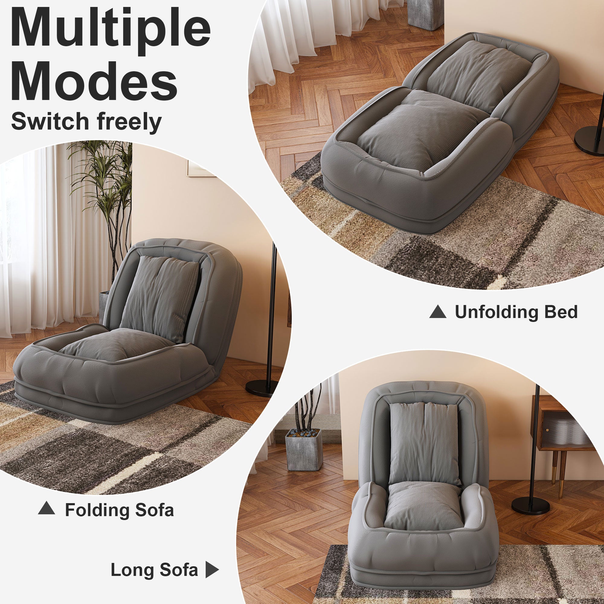 Upholstered Foldable Lazy Sofa Bed for Adults and Pets, 5-Position Adjustable Recliner with 2 Soft Pillows in Grey Corduroy Fabric - Grand Goldman Shop
