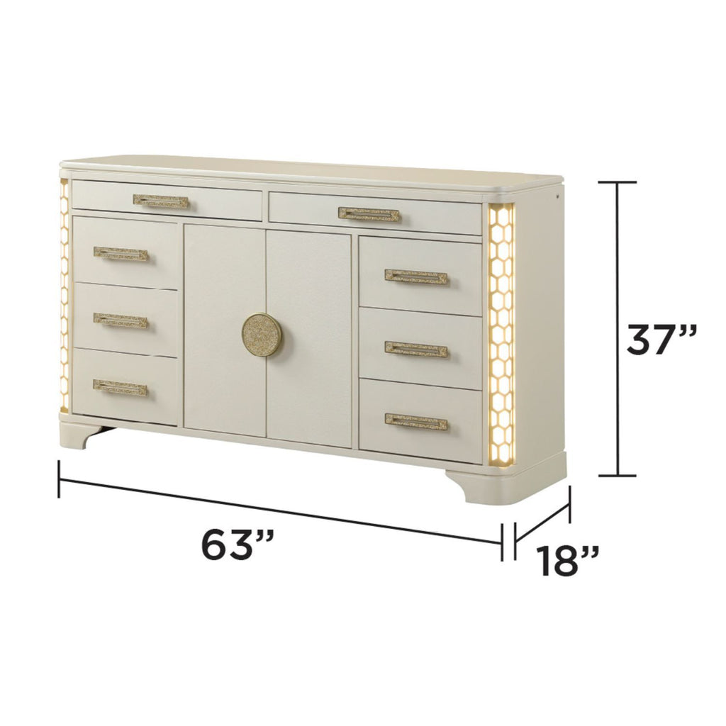 Jasmine Queen 5 Pc LED Bedroom Set in Beige made with Wood and Gold Accents - Grand Goldman Shop