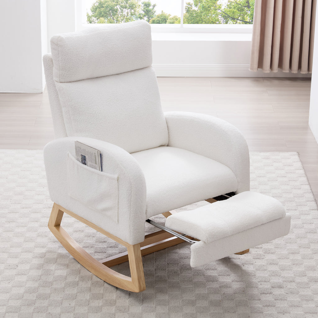 015B-Teddy Fabric Leisure Rocking Chair,Nursery Rocking Chair With Adjustable Footstool,Thickened Headrest And High Backrest, Storage Pocket On The Right Side,The Base Rocker Is Solid Wood,White - Grand Goldman Shop