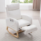 015B-Teddy Fabric Leisure Rocking Chair,Nursery Rocking Chair With Adjustable Footstool,Thickened Headrest And High Backrest, Storage Pocket On The Right Side,The Base Rocker Is Solid Wood,White - Grand Goldman Shop