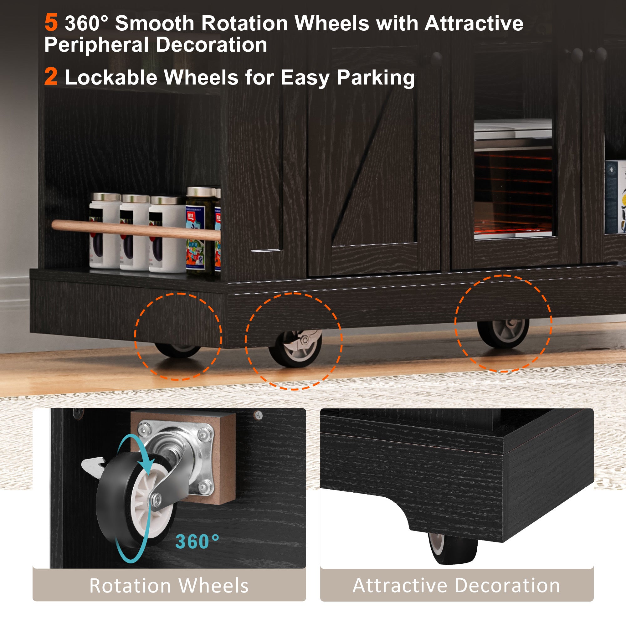 K&K 53'' Farmhouse Kitchen Island with Two Tempered Glass Cabinet Doors, Power Outlet, Rolling Kitchen Cart on Wheels with Drop Leaf, 5 Open Side Racks, 3 Drawers, for Kitchen, Dining Room, Black - Grand Goldman Shop