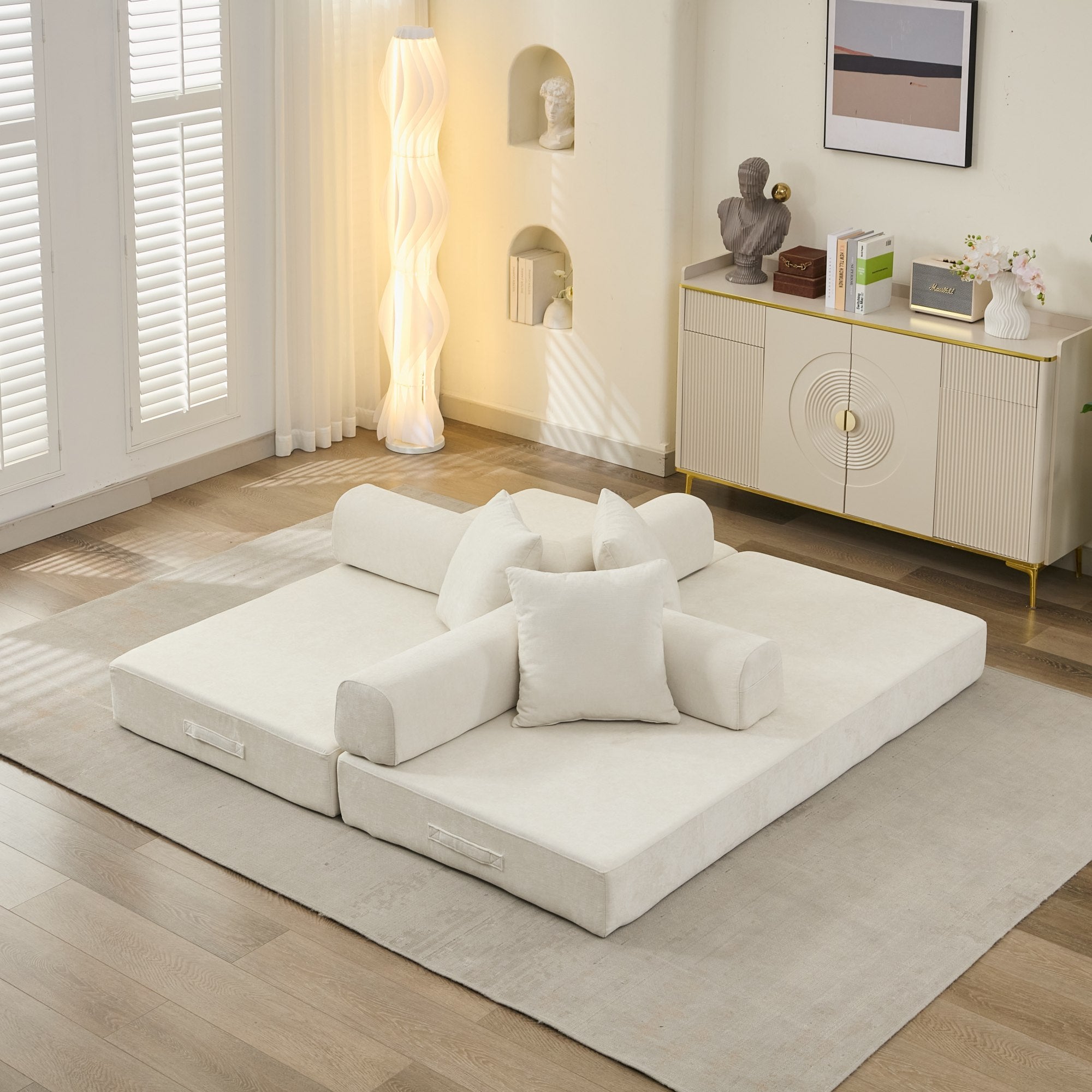 Comfy Convertible Folding Mattress Couch, Floor Sofa Bed, Chenille Floor Sofa with Armrest, Floor Sofa Lounge Couch for Living Room Bedroom Lounge Studio-Beige - Grand Goldman Shop