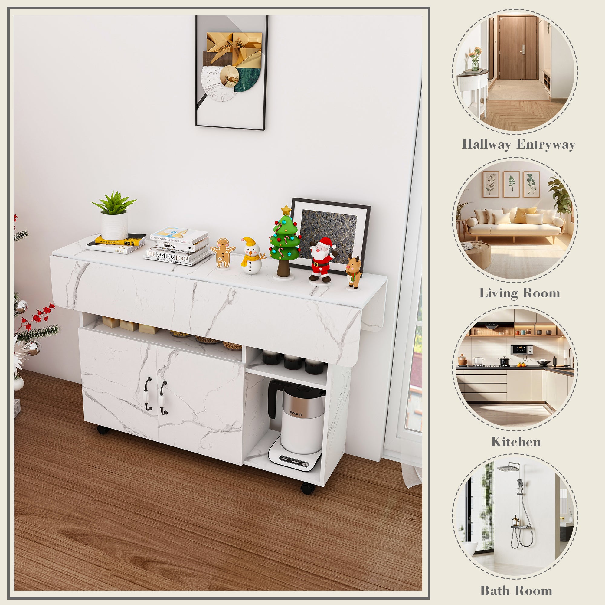 Multi-Functional Folding Table with Storage Shelves and Wheels, 47 Inch White MDF Compact Desk for Kitchen, Dorm, or Office - Grand Goldman Shop