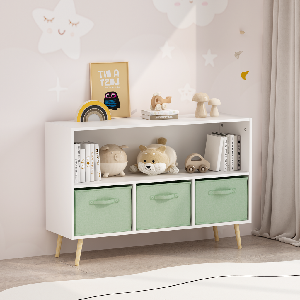 Kids bookcase with Collapsible Fabric Drawers, Children's Book Display, Toy Storage Cabinet Organizer, White/Green | Premium 