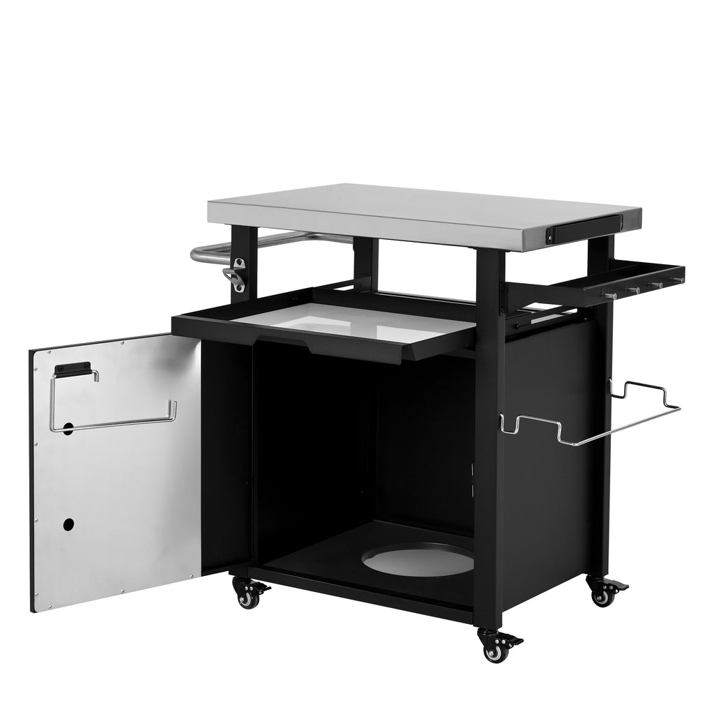 K&K 39.5' Outdoor Grill Cart with Storage Cabinet, Outdoor Bar Cart Pizza Oven Table with Wheels, Stainless Steel Top, Outdoor Kitchen Island with Spice & Paper Rack for BBQ, Waterproof Cover Included - Grand Goldman Shop