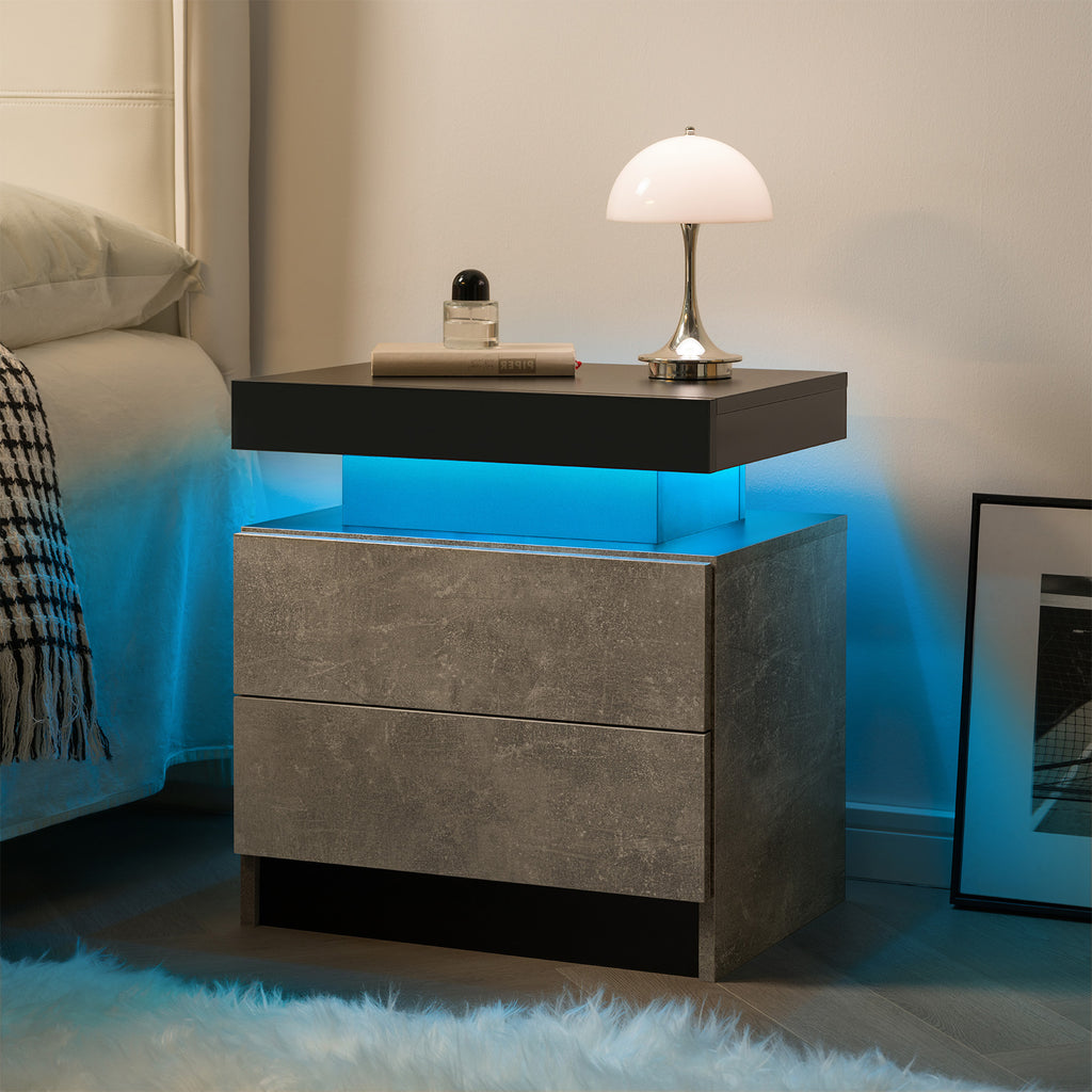 Nightstand LED Bedside Table Cabinet Lights Modern End Side with 2 Drawers for Bedroom (Black+Gray) - Grand Goldman Shop