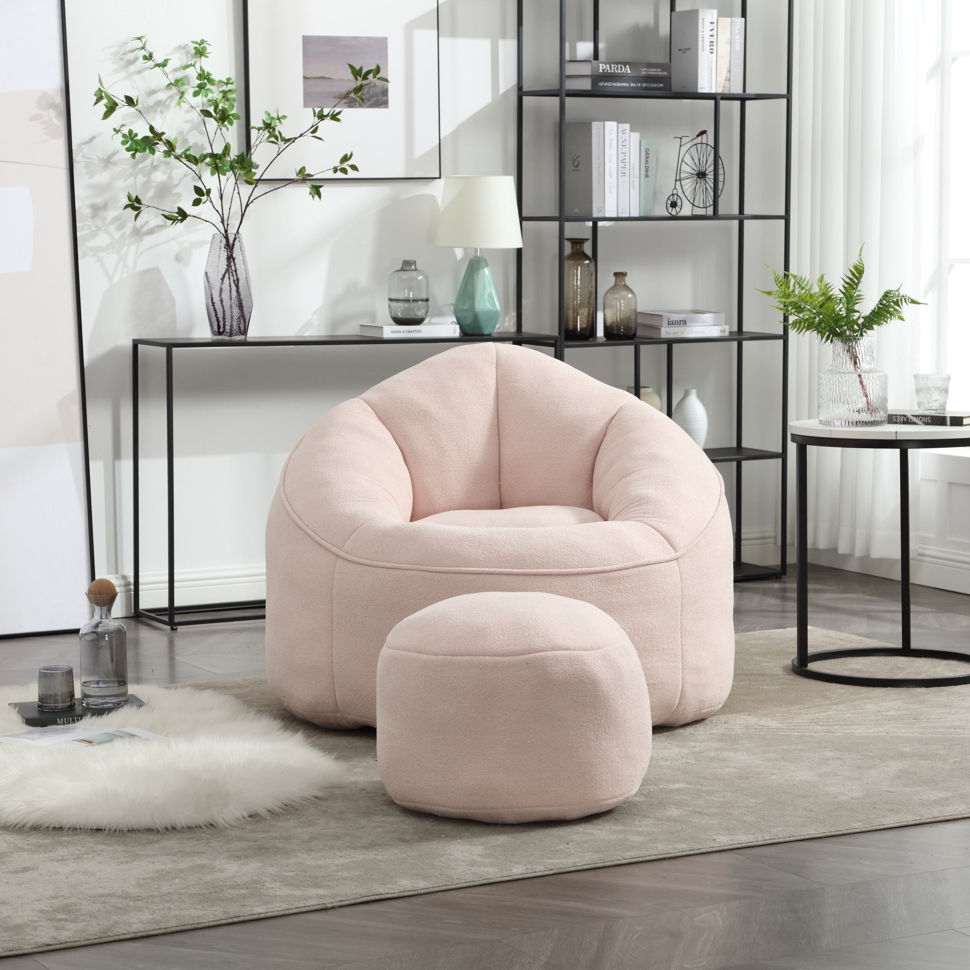 Bedding Bean Bag Sofa Chair with High-Pressure Foam and Footrest, Pink Microfiber - Grand Goldman Shop