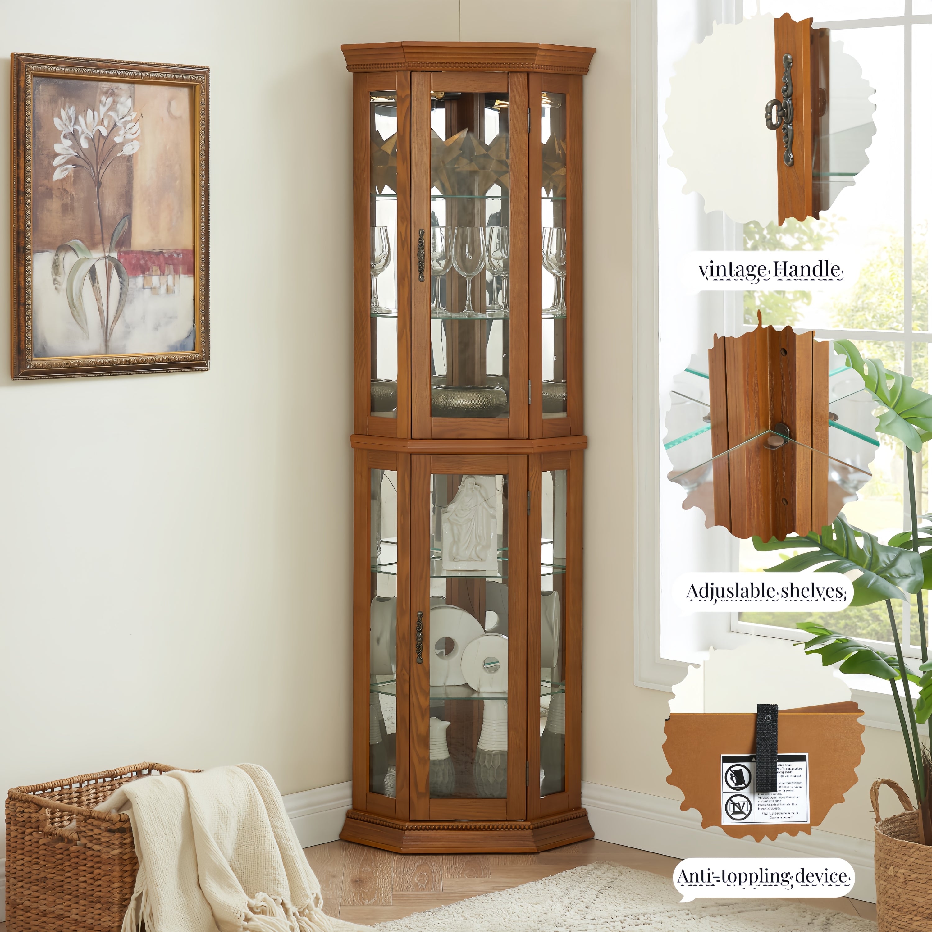 Corner Curio Cabinet Lighted Corner Display, Glass Display Shelf Shelving Bar cabinet with Tempered Glass Door, Bar Cabinet,Cabinet with Adjustable Shelf Glass Cabinet Shelves Bead Bulb Included OAK - Grand Goldman Shop