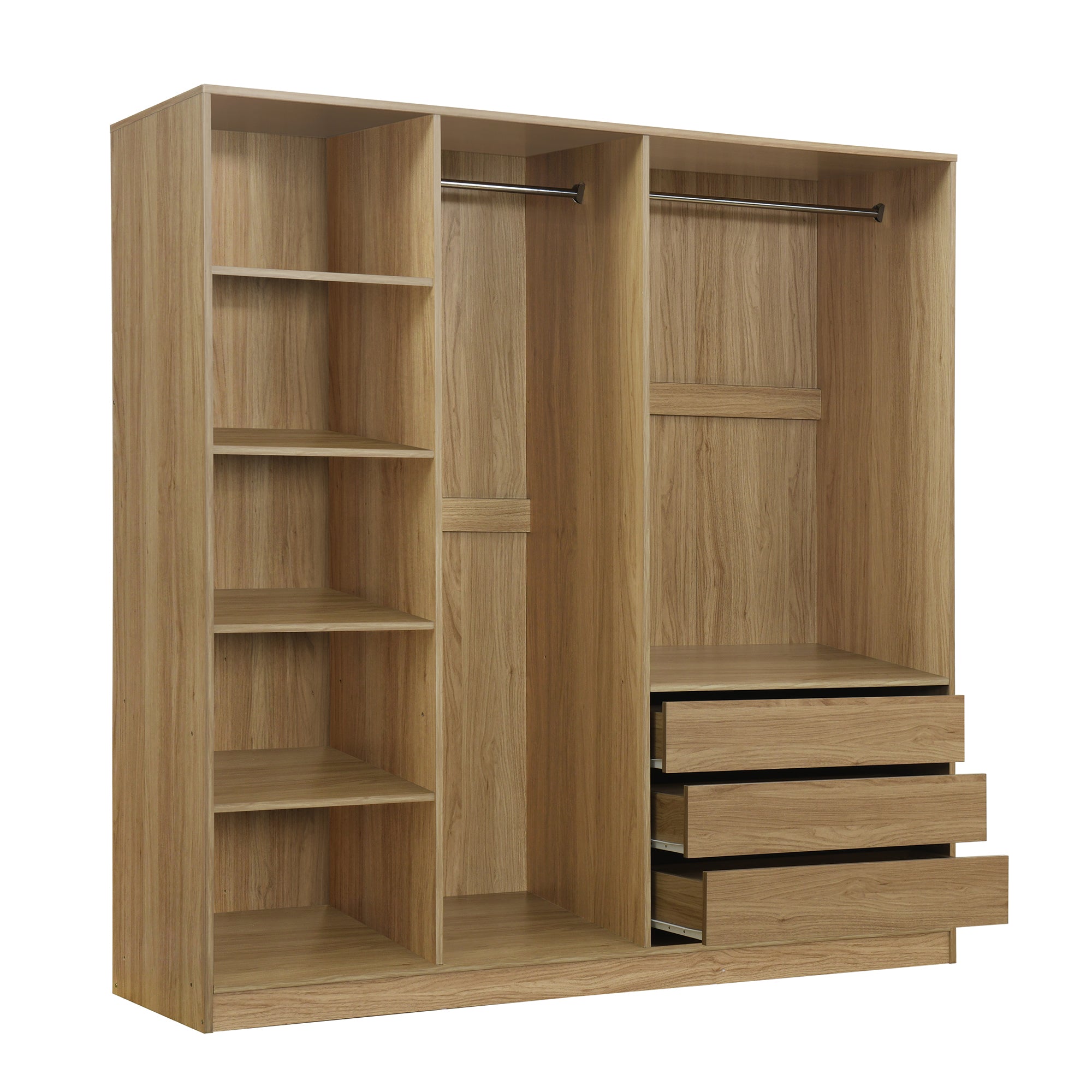 Doorless Wooden Storage Wardrobe for Dedroom with Shelves and 3 Drawers,Nature - Grand Goldman Shop