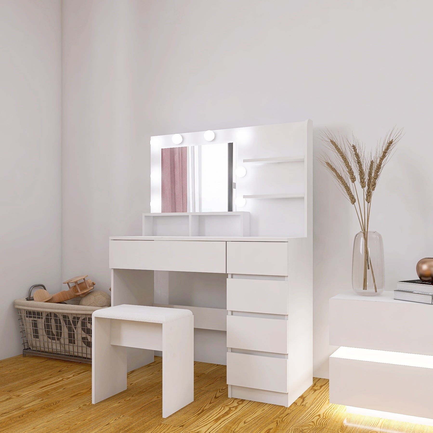 Vanity, Makeup Vanity Desk Set with Mirror & Light, Dressing Table Storage Lots , 3 Lighting Modes with Adjustable Brightness, White with Stool - Grand Goldman Shop