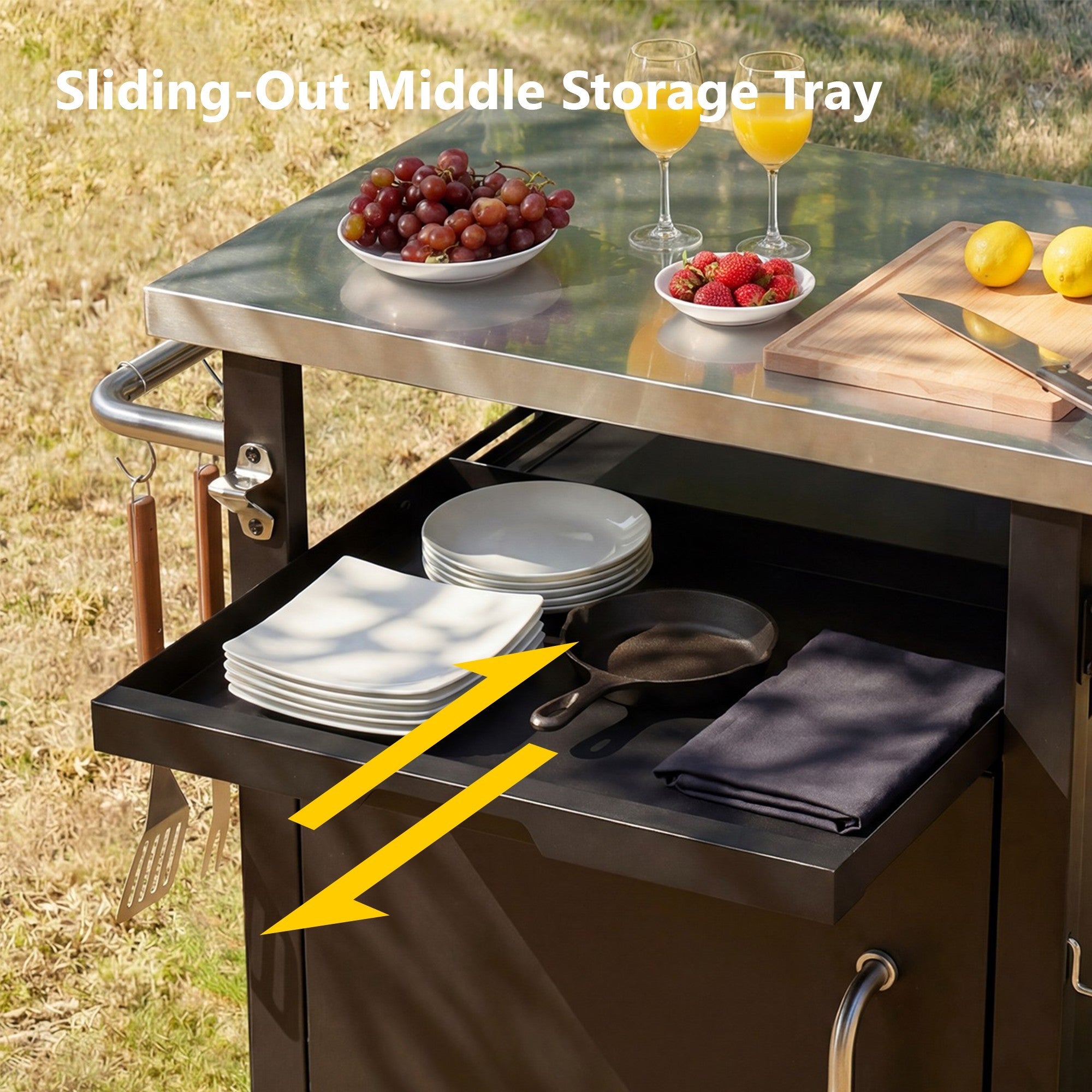 K&K 39.5' Outdoor Grill Cart with Storage Cabinet, Outdoor Bar Cart Pizza Oven Table with Wheels, Stainless Steel Top, Outdoor Kitchen Island with Spice & Paper Rack for BBQ, Waterproof Cover Included - Grand Goldman Shop