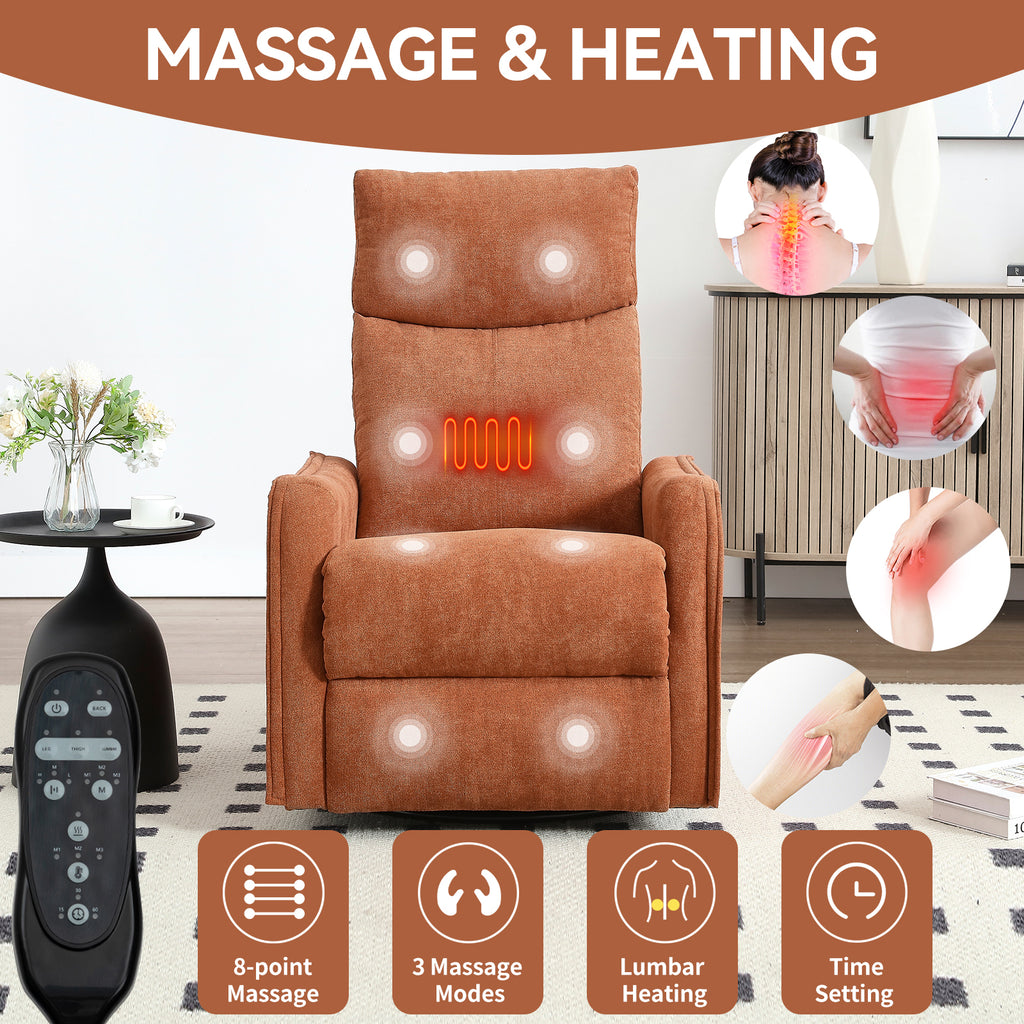Heat Massage Manual Recliner Chair with Rocker and Swivel in Fabric for Living Room, Orange - Grand Goldman Shop