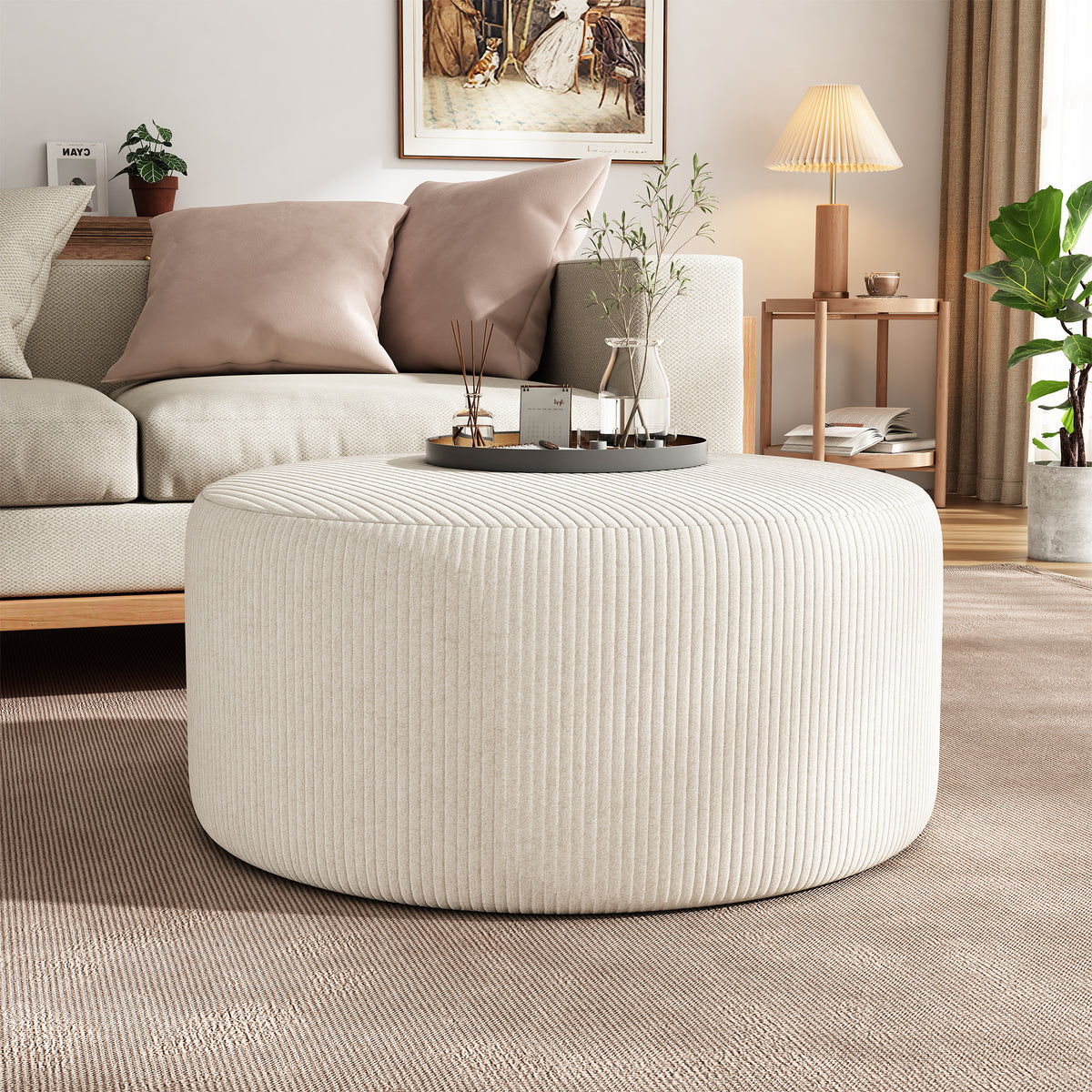 Upholstered Round Ottoman,Beige,Corduroy - Grand Goldman Shop