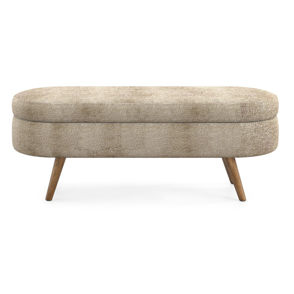Ottoman Oval Storage Bench with Rubber Wood Legs, Gray Fabric, 43.5'x16'x16' - Grand Goldman Shop