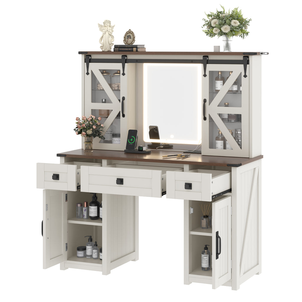 43.3' Farmhouse Makeup Vanity Desk with Lighted Mirror, Vanity Table Set with Charging Station, Dressing Table with Sliding Barn Door Hidden Shelves & 3 Drawers & 4 Cabinets, Beige - Grand Goldman Shop