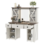 43.3' Farmhouse Makeup Vanity Desk with Lighted Mirror, Vanity Table Set with Charging Station, Dressing Table with Sliding Barn Door Hidden Shelves & 3 Drawers & 4 Cabinets, Beige - Grand Goldman Shop