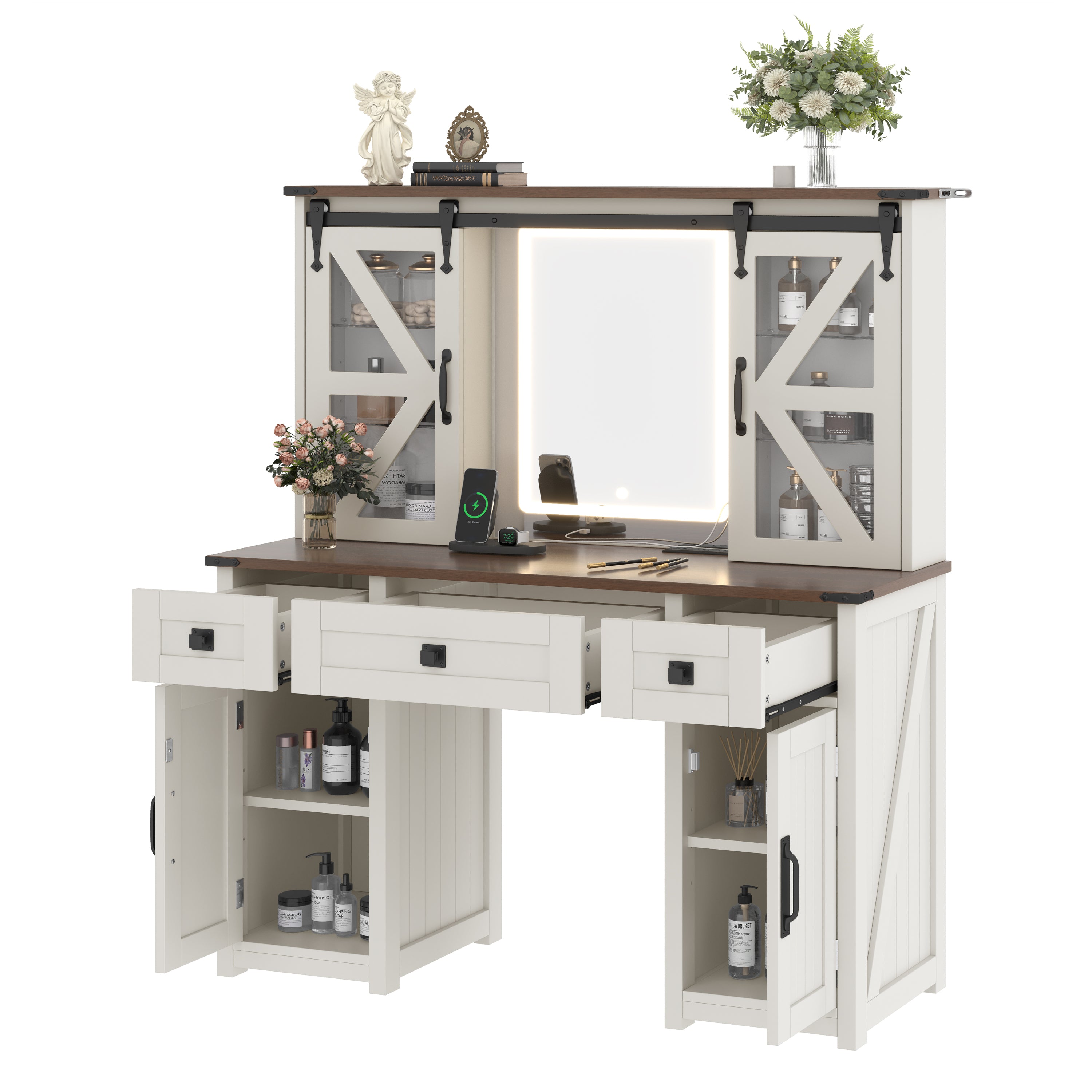 43.3' Farmhouse Makeup Vanity Desk with Lighted Mirror, Vanity Table Set with Charging Station, Dressing Table with Sliding Barn Door Hidden Shelves & 3 Drawers & 4 Cabinets, Beige - Grand Goldman Shop