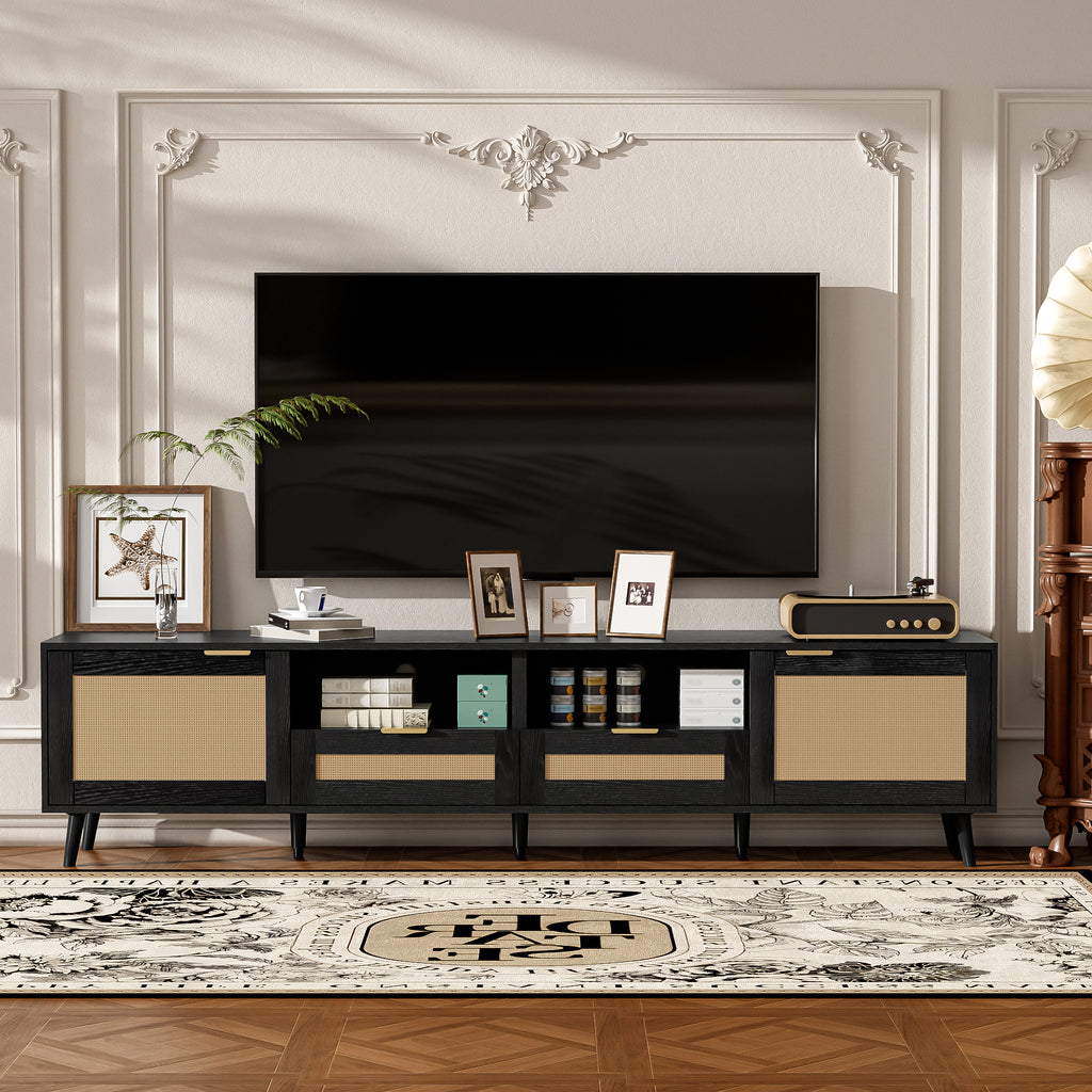 Modern Farmhouse Rattan TV Stand for TVs up to 85'', Black MDF and Solid Wood Media Console with Cable Management, 78.74'' L x 14.6'' W x 18.9'' H - Grand Goldman Shop