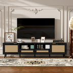 Modern Farmhouse Rattan TV Stand for TVs up to 85'', Black MDF and Solid Wood Media Console with Cable Management, 78.74'' L x 14.6'' W x 18.9'' H - Grand Goldman Shop