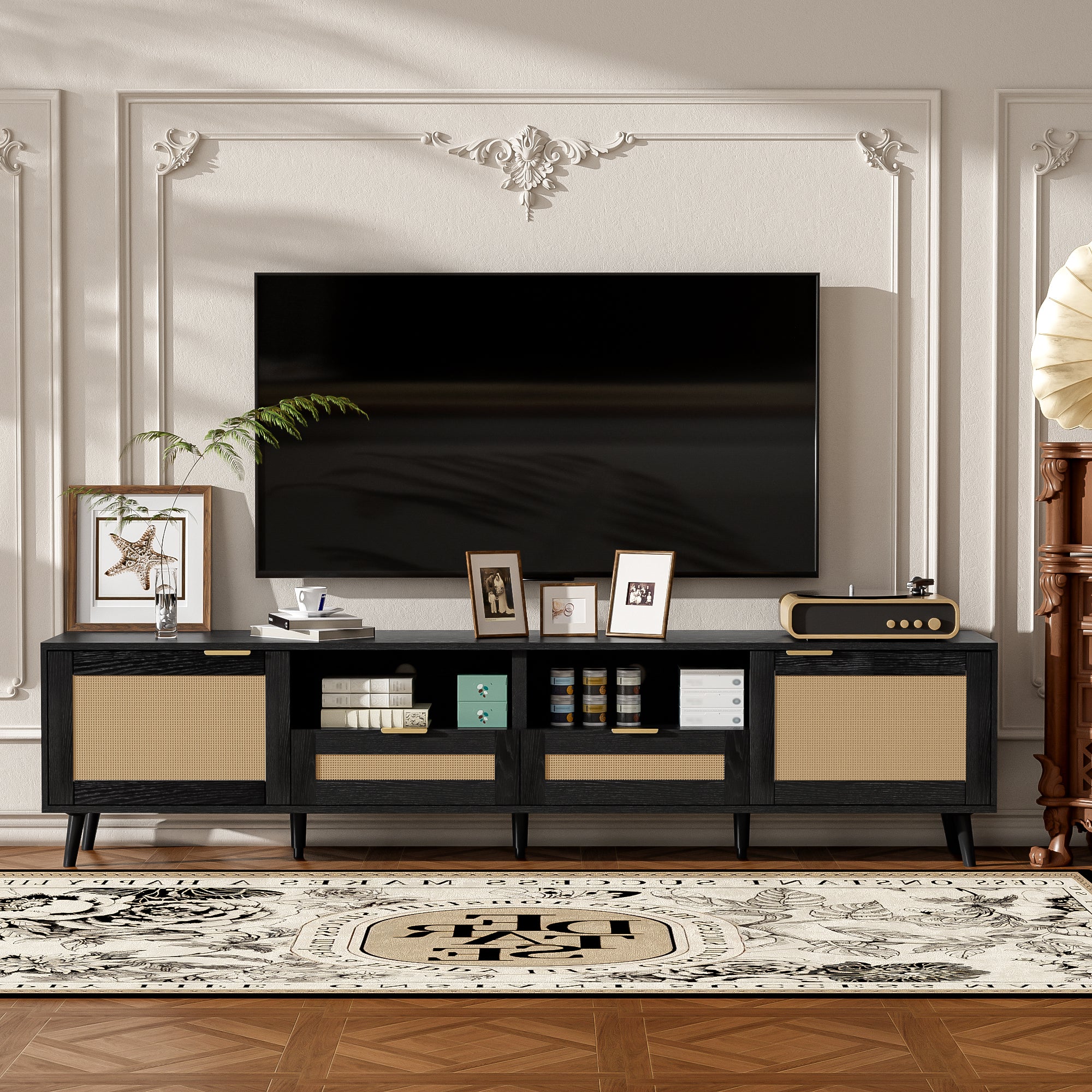 Modern Farmhouse Rattan TV Stand for TVs up to 85'', Black MDF and Solid Wood Media Console with Cable Management, 78.74'' L x 14.6'' W x 18.9'' H - Grand Goldman Shop