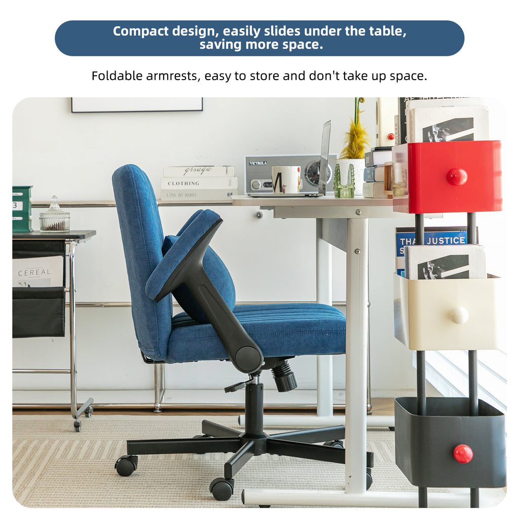 Modern Linen Blue Criss Cross Armrest Office Chair with Foldable Design, Soft Velvet Fabric, 36.6-Inch Height | Premium Home 