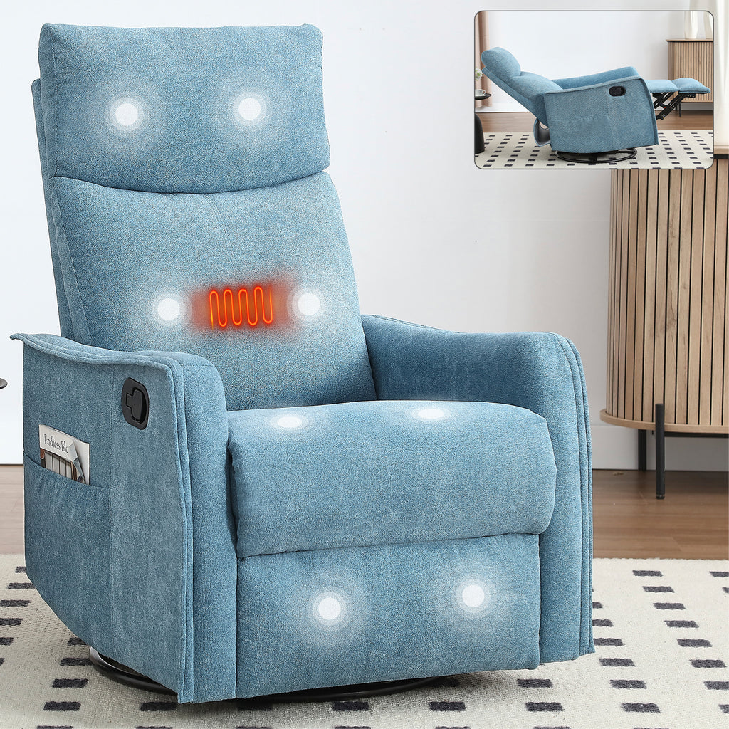 Heat Massage Manual Recliner Chair with Rocker and Swivel in Fabric for Living Room, Blue - Grand Goldman Shop