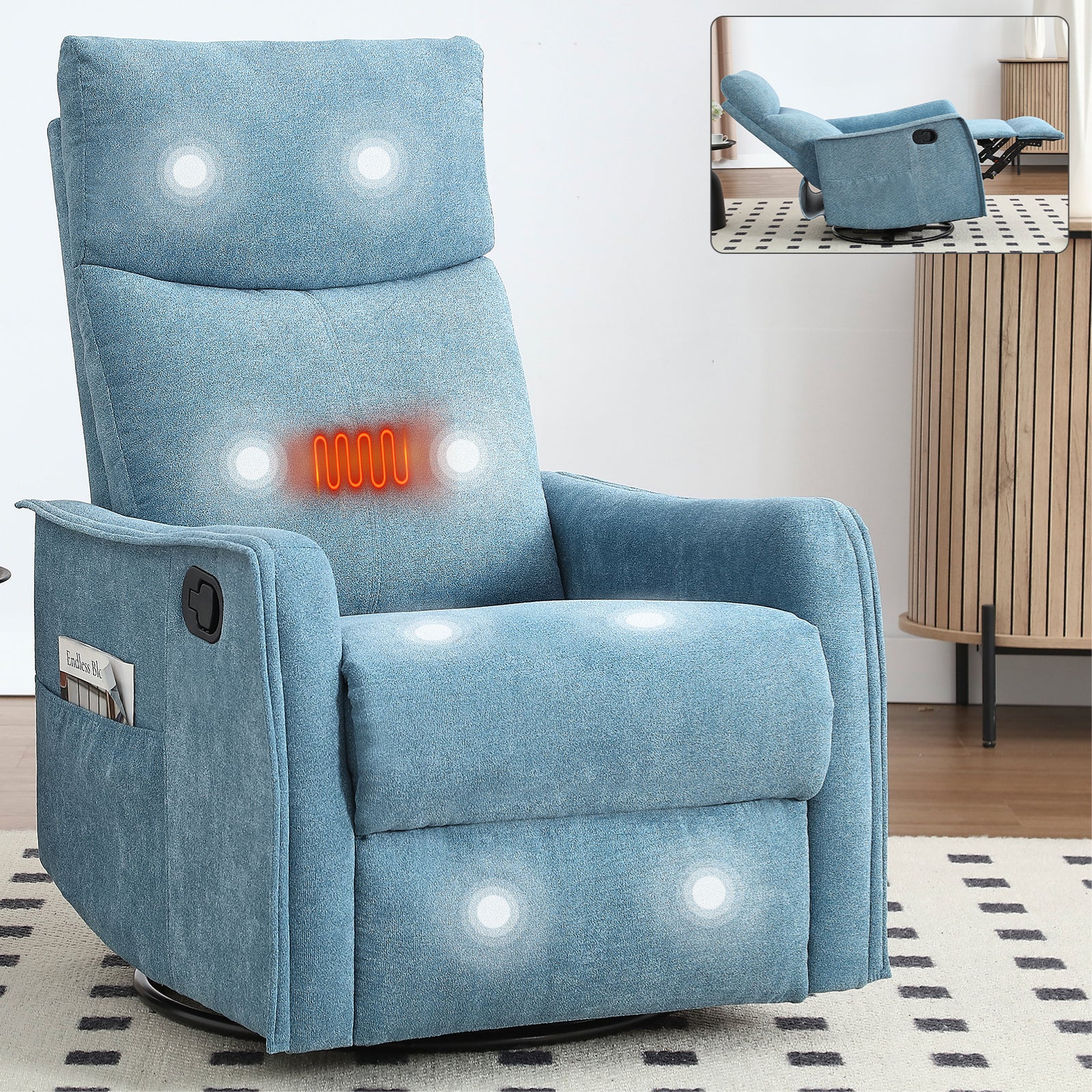 Heat Massage Manual Recliner Chair with Rocker and Swivel in Fabric for Living Room, Blue - Grand Goldman Shop