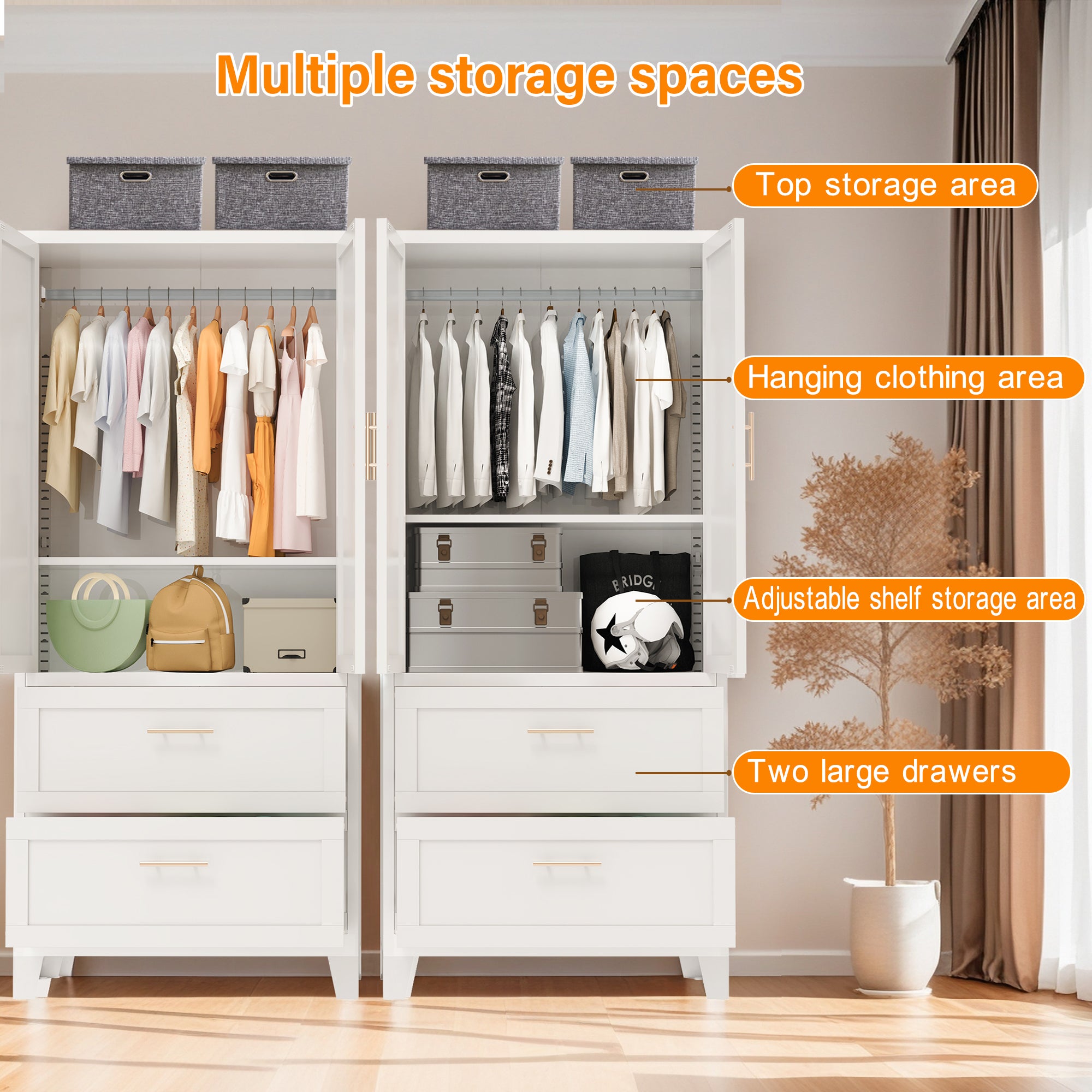 71' Tall Metal Wardrobe Cabinet with 2 Drawers and Hanging Rod, 2 Doors Wardrobe Closet with Shelf for Bedroom, Office, Laundry Room,Entryway ,Foyer,Guesthouse (White) - Grand Goldman Shop