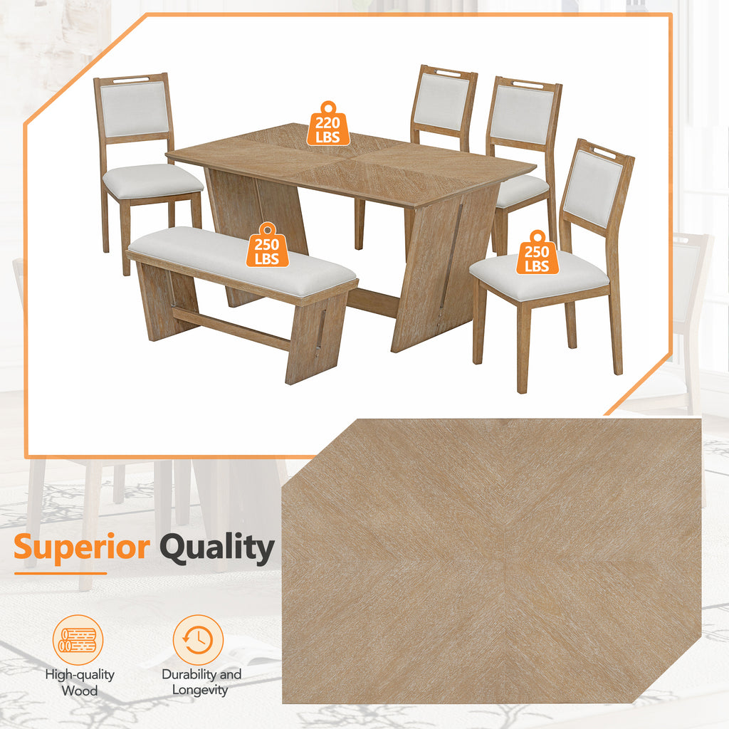 TREXM 6-Piece Retro Dining Table Set for 6, 60' Wood Kitchen Table and Chairs Set of 4 with Bench Designed Trestle Base for kitchen & Dining Room (Natural Wood Wash) - Grand Goldman Shop