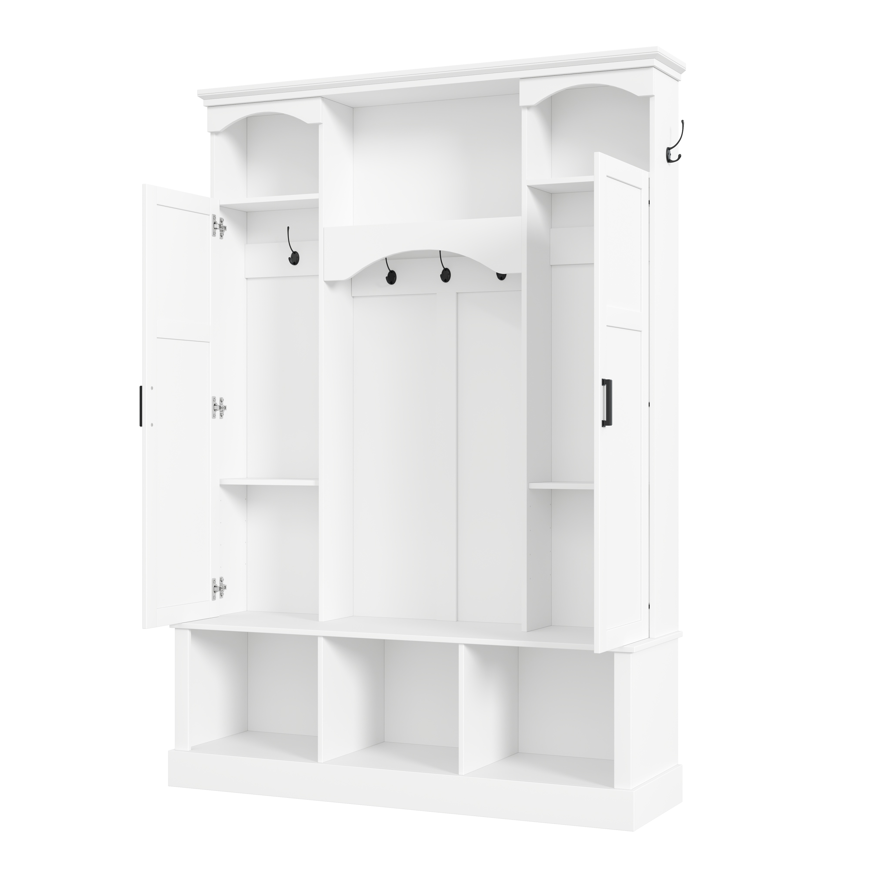 ON-TREND Modern All-in-One Hall Tree with Adjustable Shelves, Classic Arched Farmhouse Storage Bench with Dual Side Cabinets, Elegant Entryway Organizer with 7 Hooks for Mudroom, Hallway, White - Grand Goldman Shop