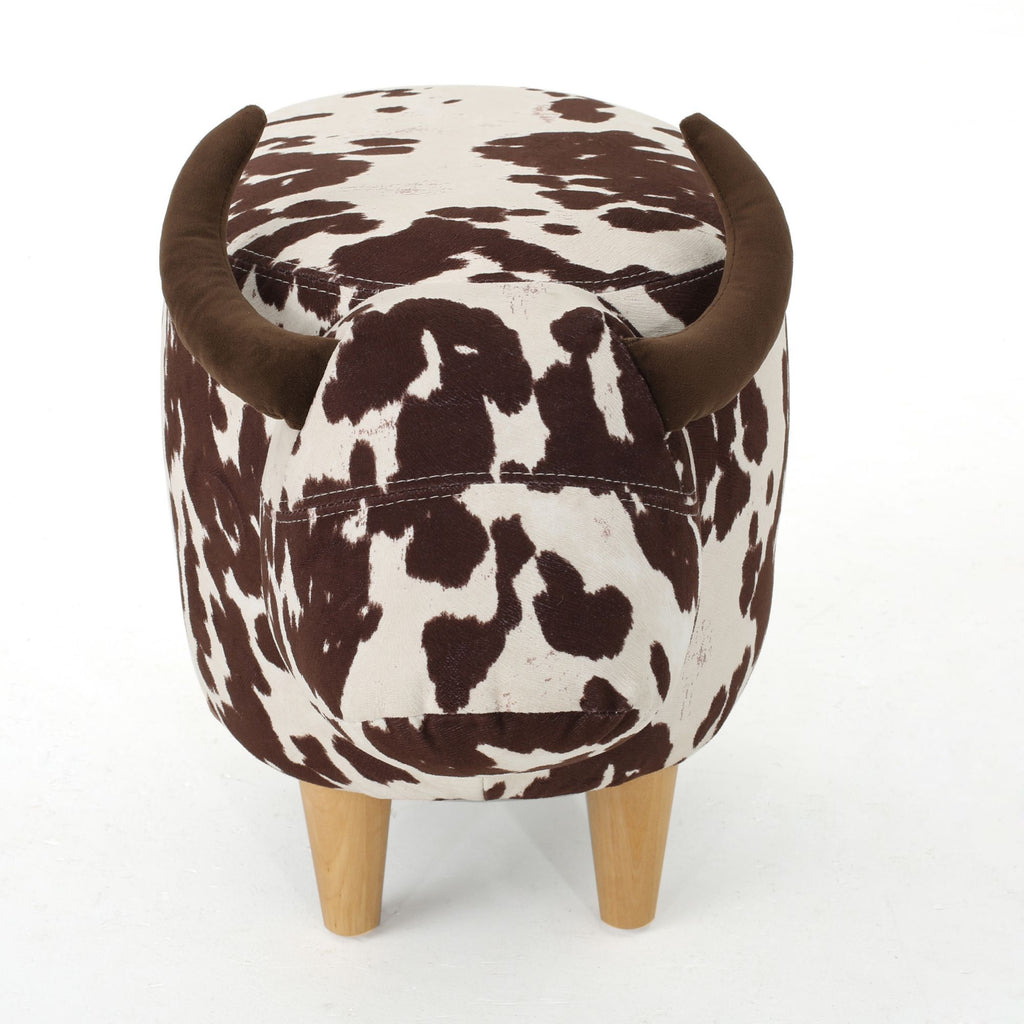 Cow-Shaped Modern Ottoman Footstool in Brown and White Fabric with Velvet Horns, Birch Legs, 25.25 x 14.00 x 16.75 inches - Grand Goldman Shop